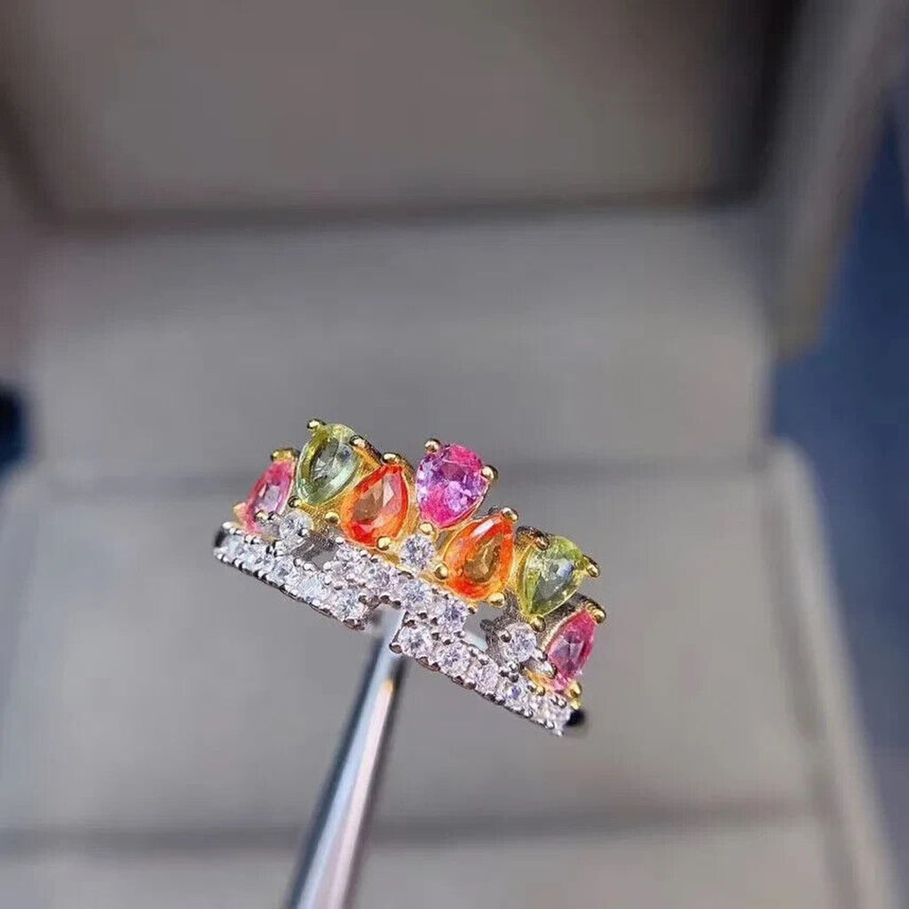 Natural Sapphire Colorful Crown Ring, Sapphire Ring