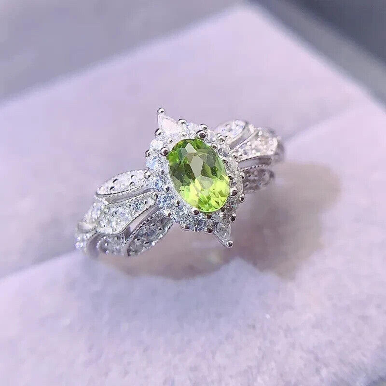 Natural Peridot Gemstone Ring 4x6mm, August Birthstone Peridot Ring Sterling