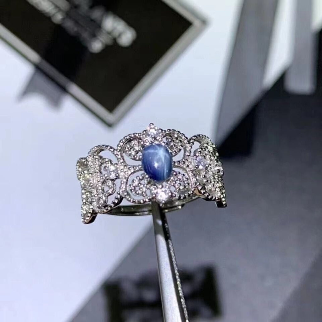 Natural Blue Star Sapphire Princess Ring, 4x5mm Star Sapphire Ring Platinum