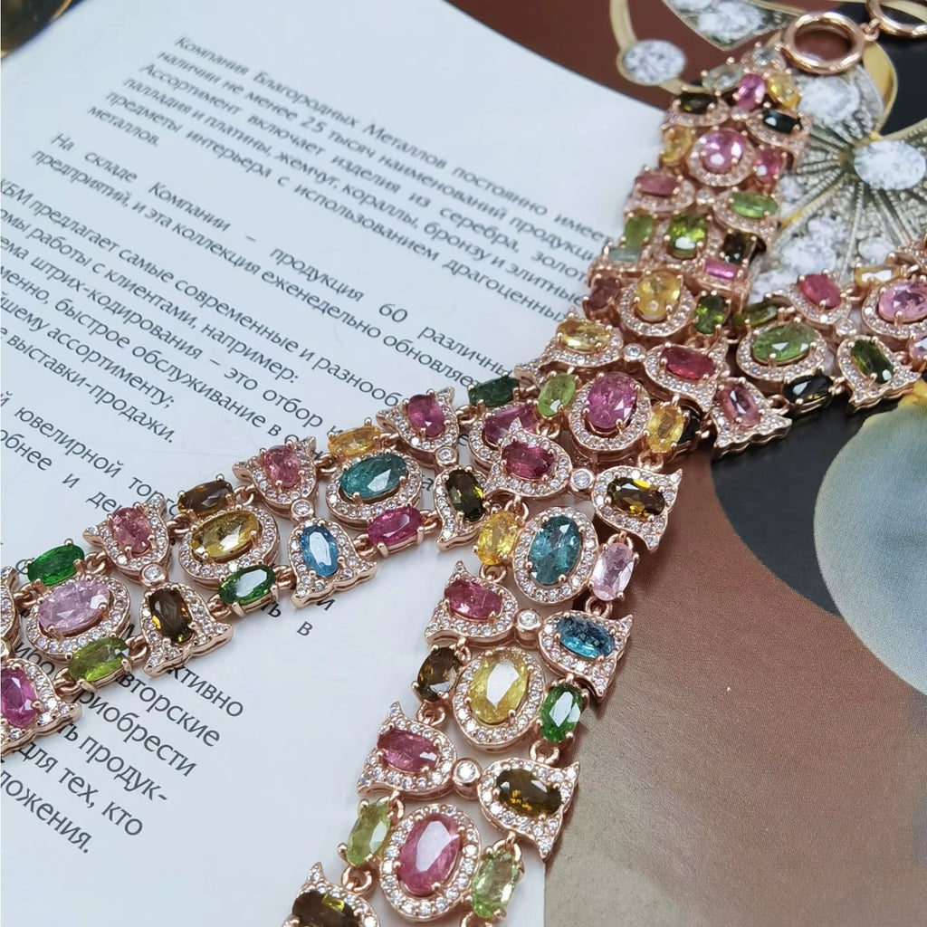 Multicolor Tourmaline Rose Gold Gemstone Bracelet, VVS Brazilian Tourmaline