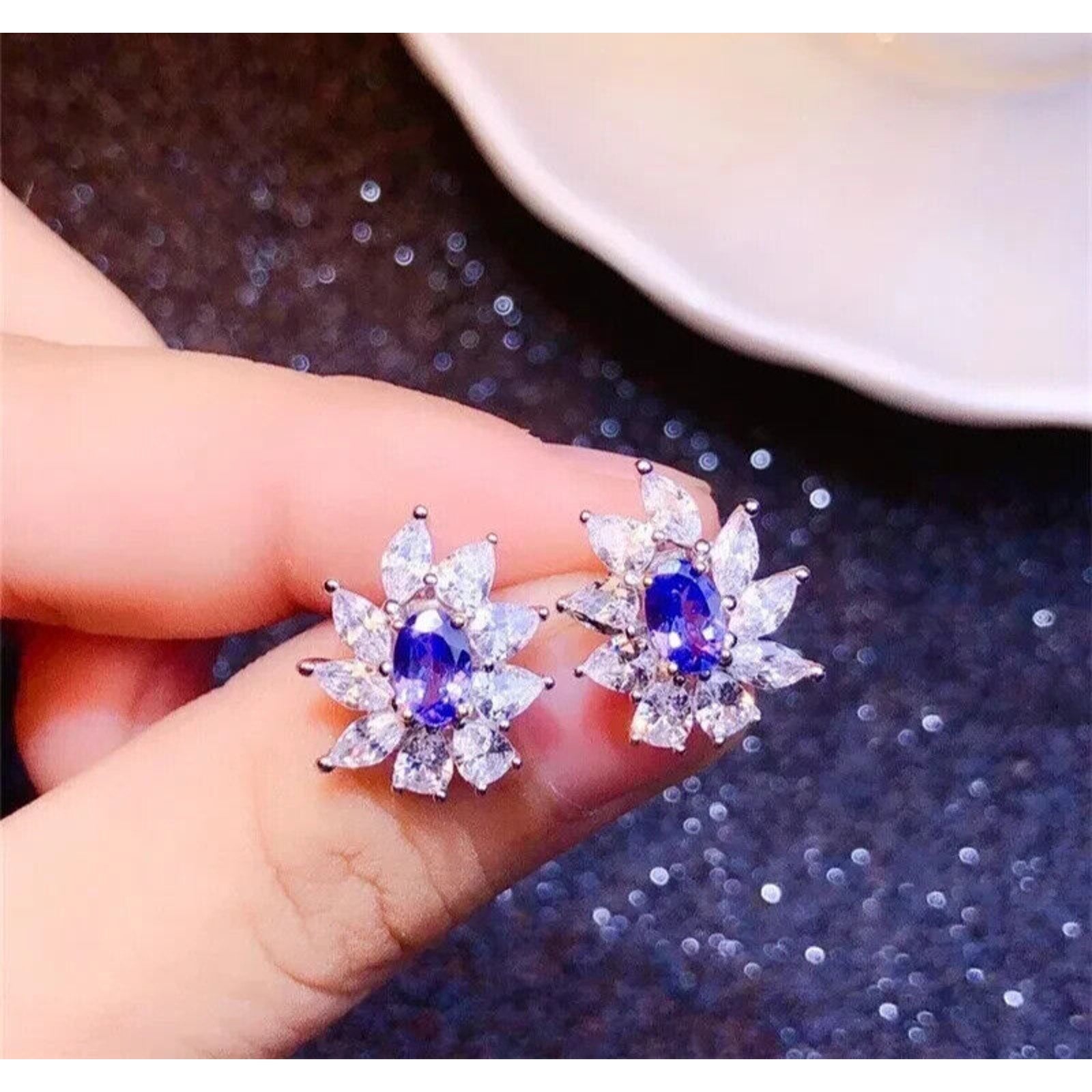 VVS1 Purple Tanzanite Cluster Stud Earrings 4x6mm, Tanzanite Stud Earrings