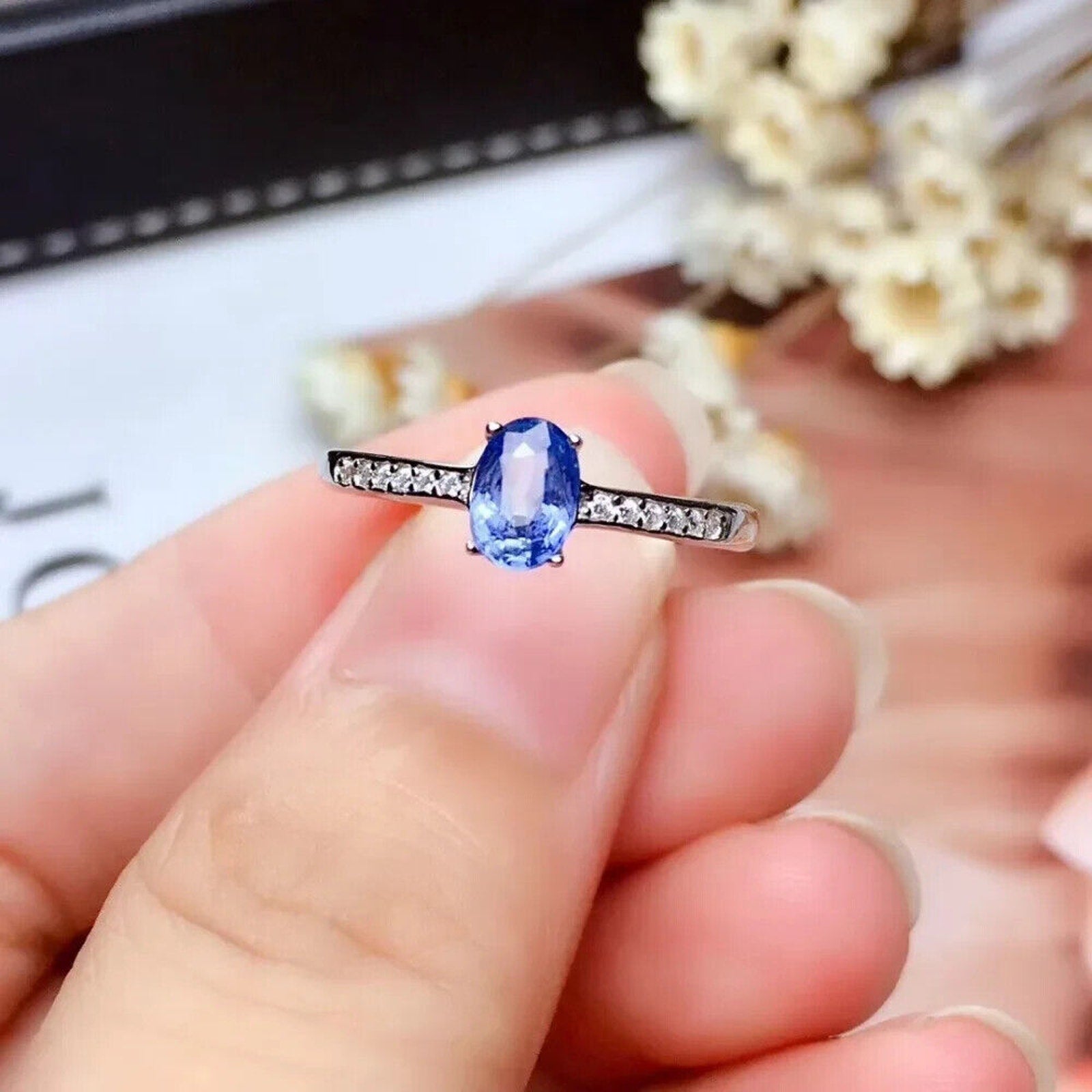 Sri Lanka Sapphire Ring, Natural Sapphire Ring Sterling Silver 4x6mm Sapphire