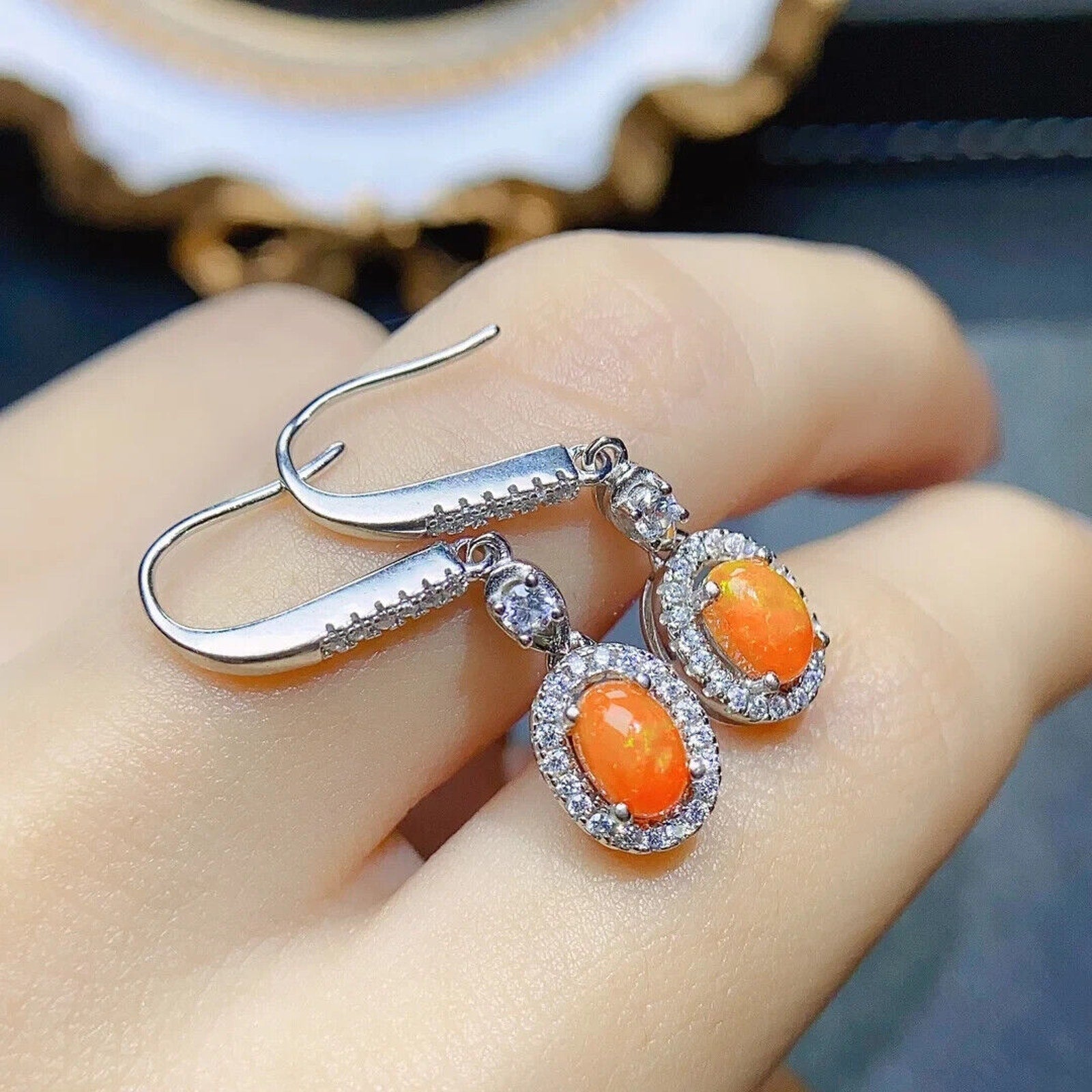 Orange Fire Opal Dangle Earrings, Colorful Orange Opal Dangle Earrings 4x6mm