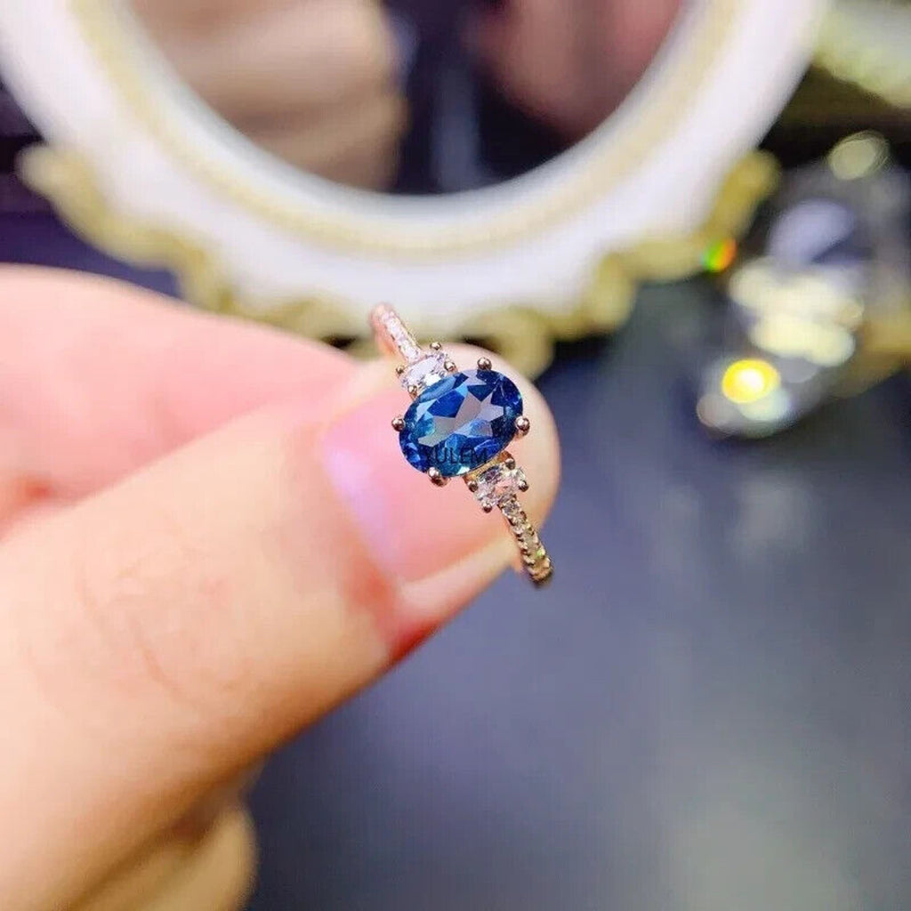 London Blue Topaz Gemstone Ring 5x7mm Platinum Plated Sterling Silver