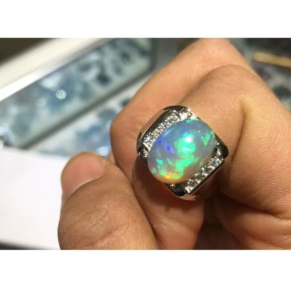 Men's Fire Opal Ring 10x15mm, Natural Opal Men's Ring 925 Sterling Silver