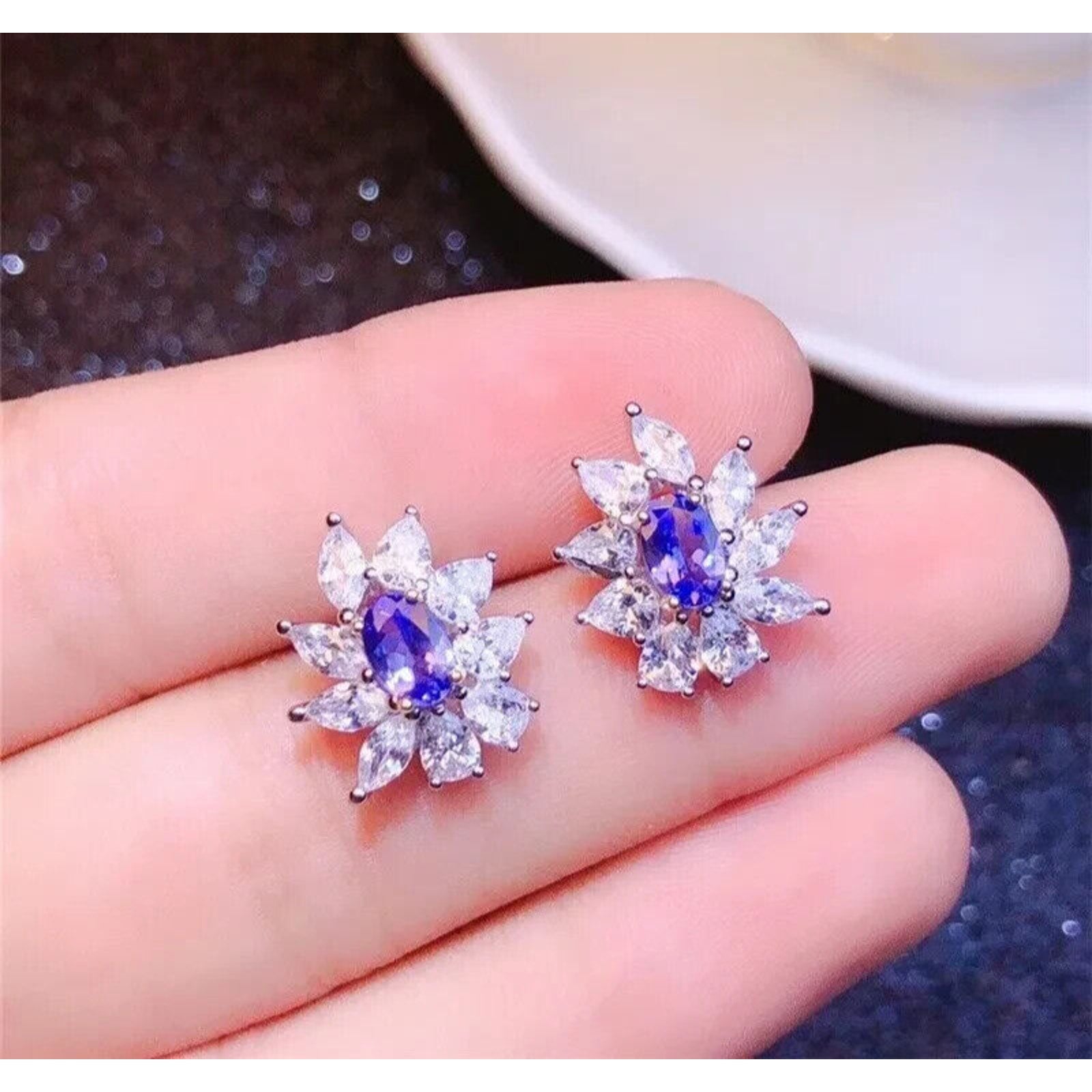 VVS1 Purple Tanzanite Cluster Stud Earrings 4x6mm, Tanzanite Stud Earrings