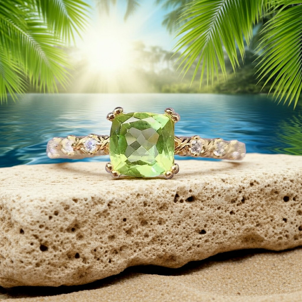 Natural Peridot Cushion Cut Gemstone Ring 6mm, August Birthstone Peridot Ring