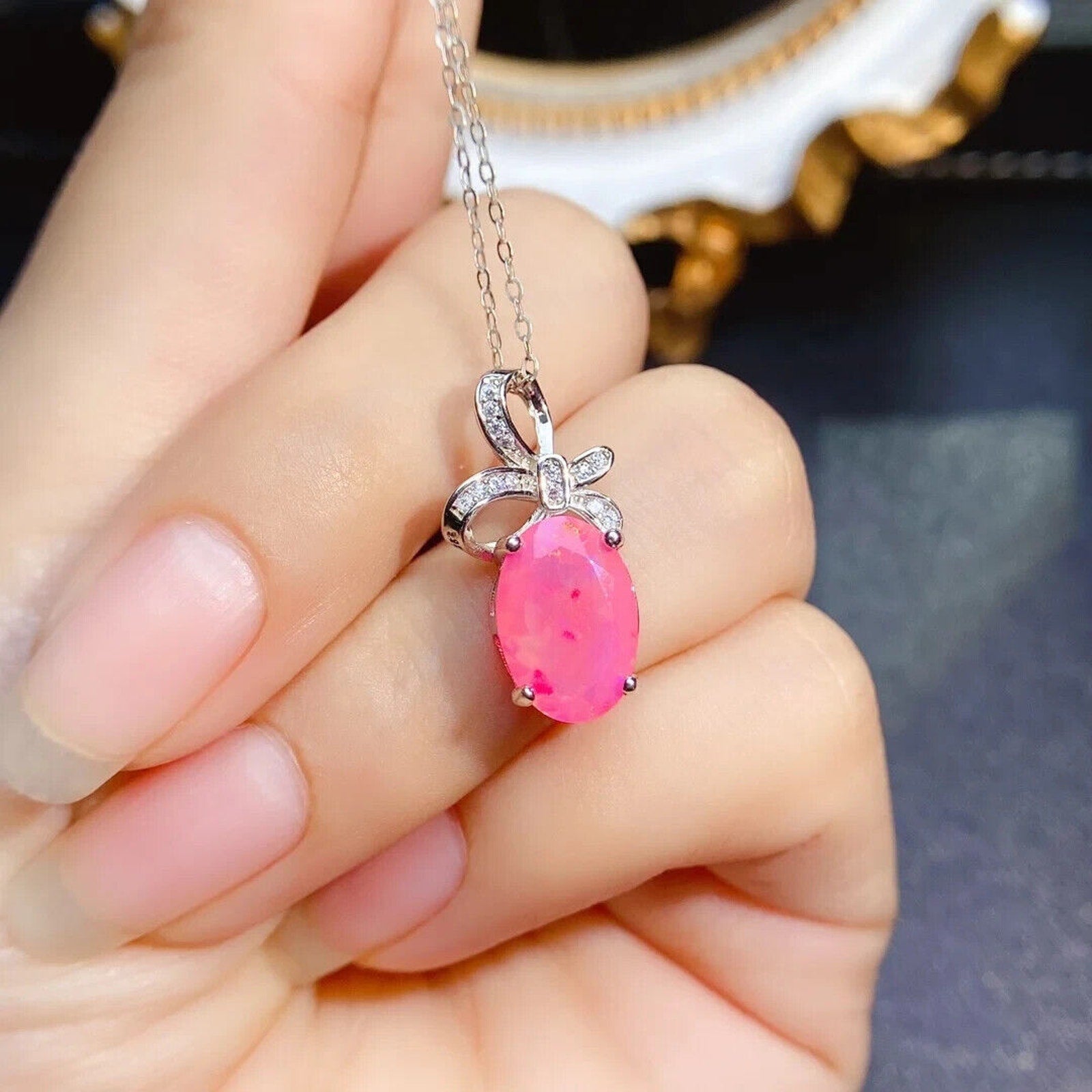 Pink Fire Opal Pendant Necklace 8x12mm, Natural Pink Fire Opal Necklace