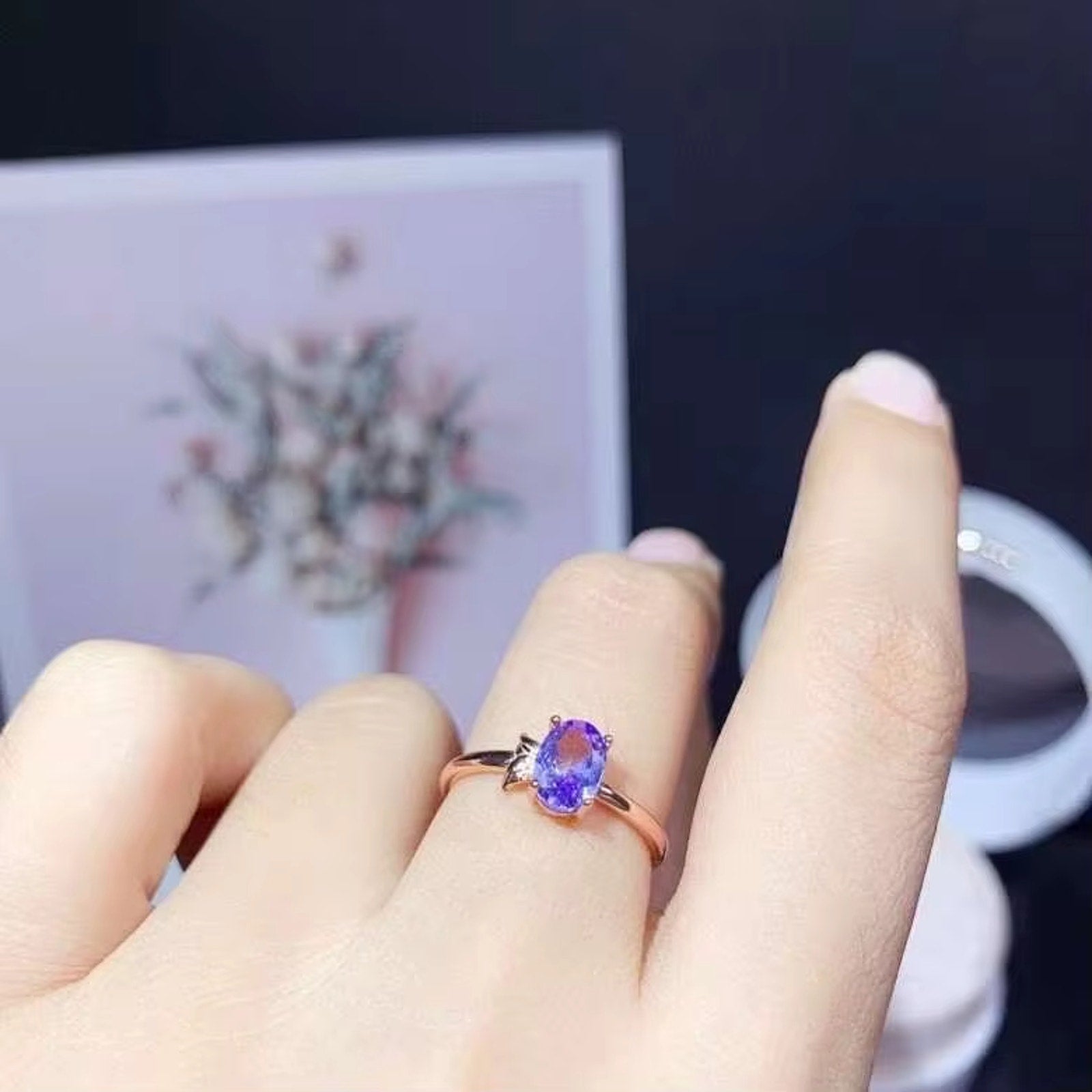 Purple Tanzanite Ring, Natural Tanzanite Ring Sterling Silver 5x7mm
