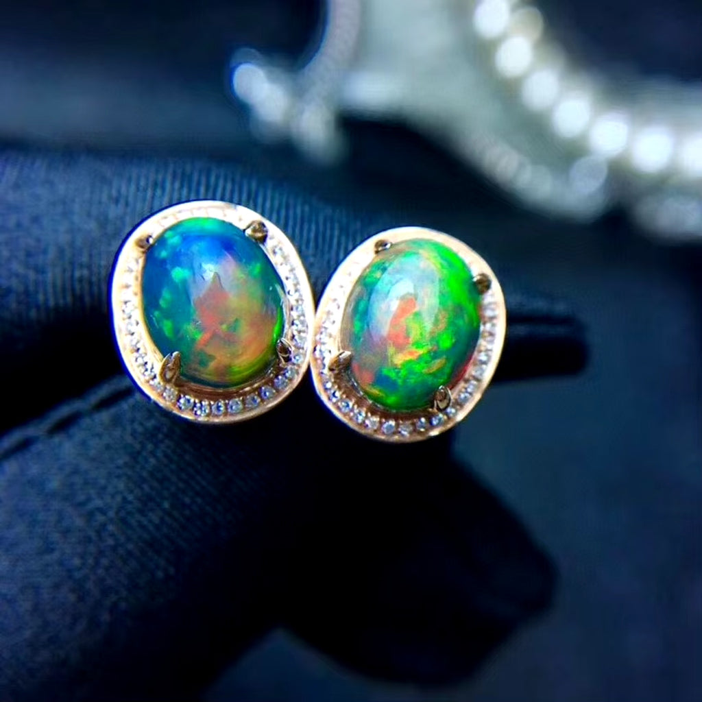 Black Fire Opal Stud Earrings, Natural Fire Opal Earrings 925 Sterling Silver