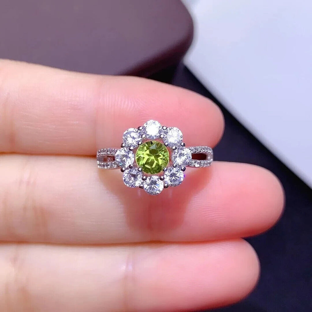 Peridot Birthstone Flower Ring, Natural Peridot Rings 925 Sterling Silver