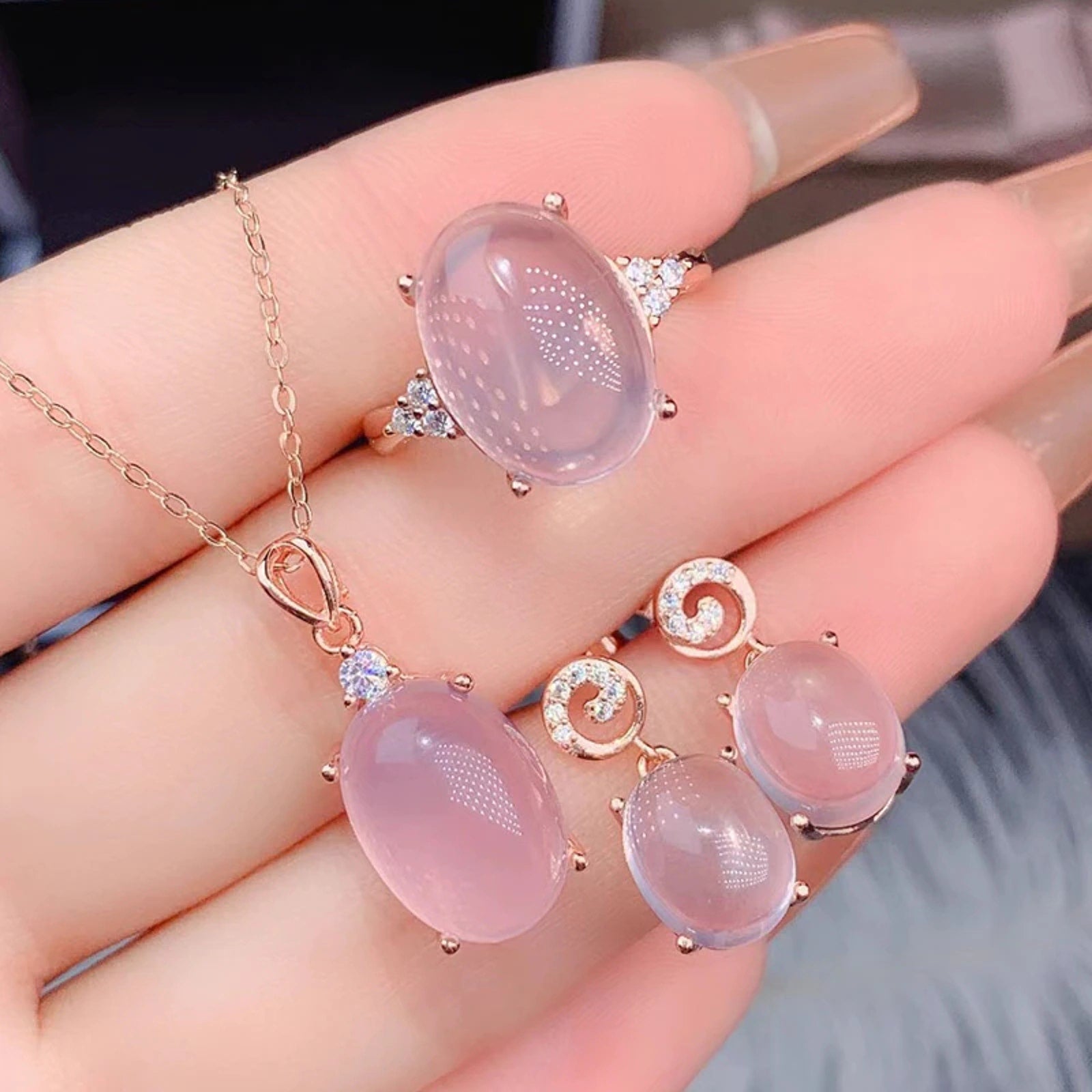 Rose Quartz Jewelry Gift Box Set, Rose Quartz Necklace, Ring, and Pendant Set