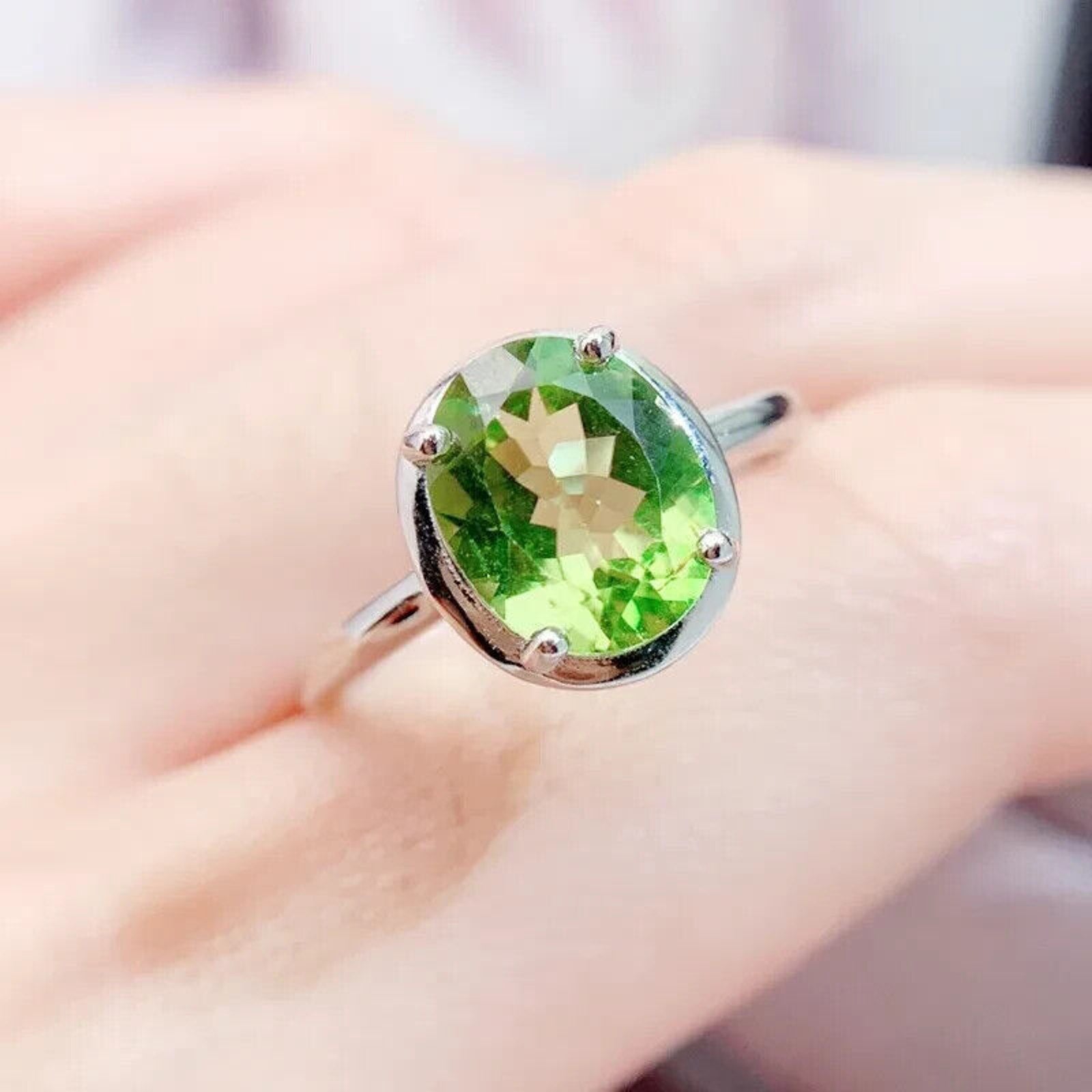 Natural Peridot Gemstone Ring 8x10mm 2.5CT, August Birthstone Peridot Ring