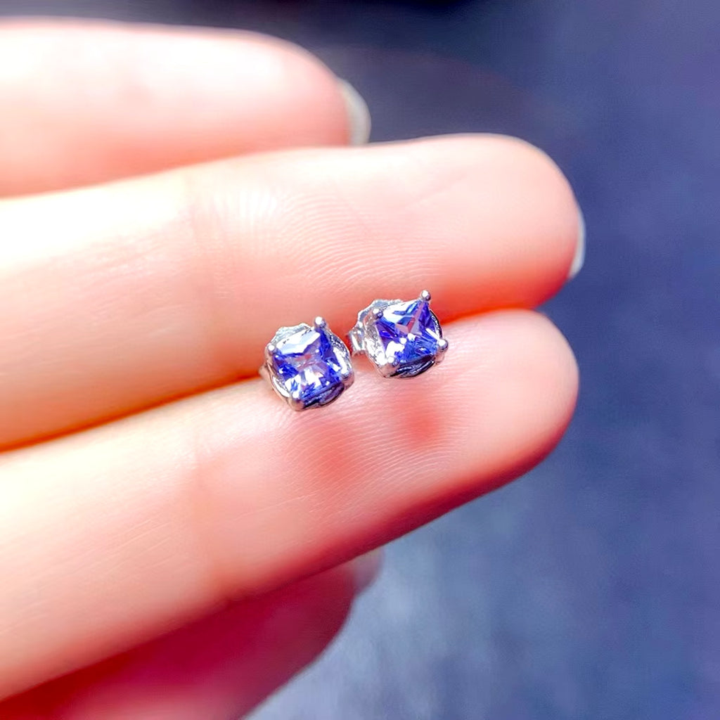 Natural Tanzanite Stud Earrings, Purple Tanzanite Earrings Sterling Silver