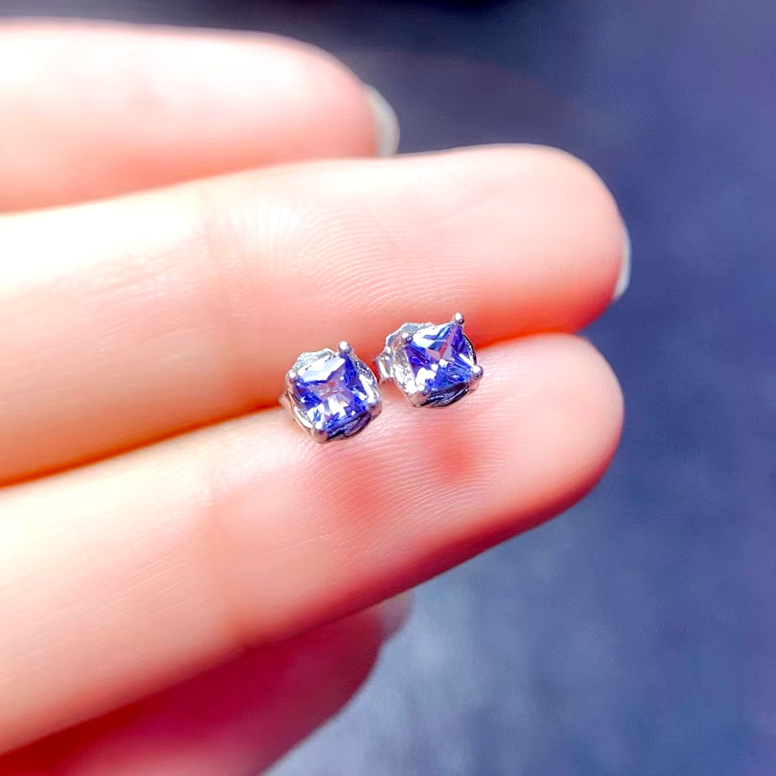 Natural Tanzanite Stud Earrings, Purple Tanzanite Earrings Sterling Silver