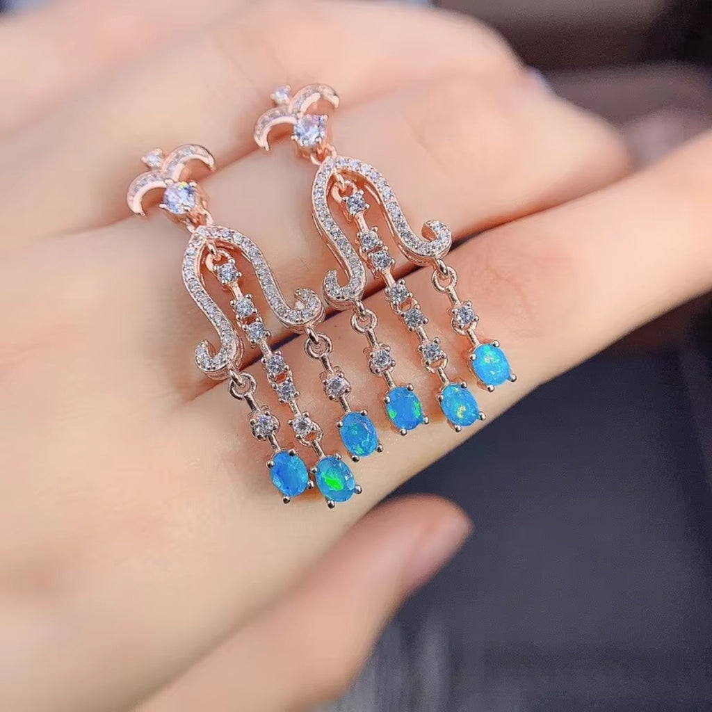 Natural 2.00 Carat Opal Oval Shape Stud, Blue Opal Chandelier Earrings