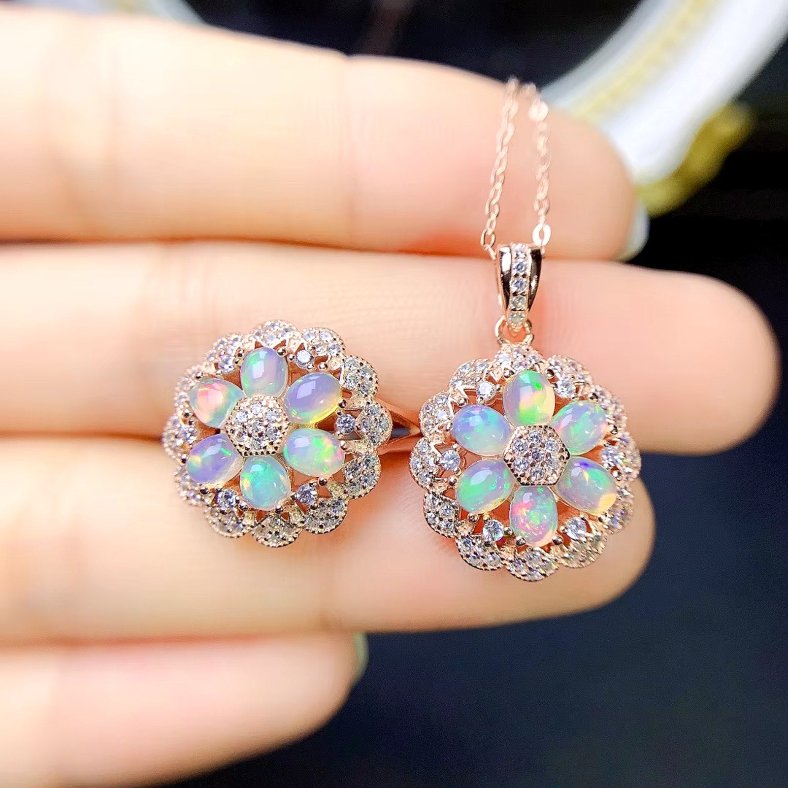 Fire Opal Cluster Pendant Necklace and Ring, Natural Opal Jewelry Set