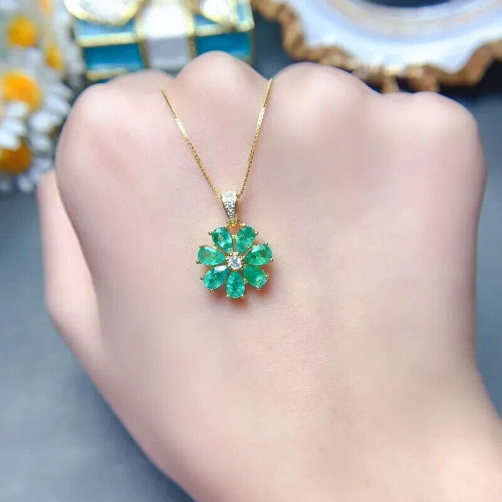 Natural Columbian Emerald Flower Pendant Necklace