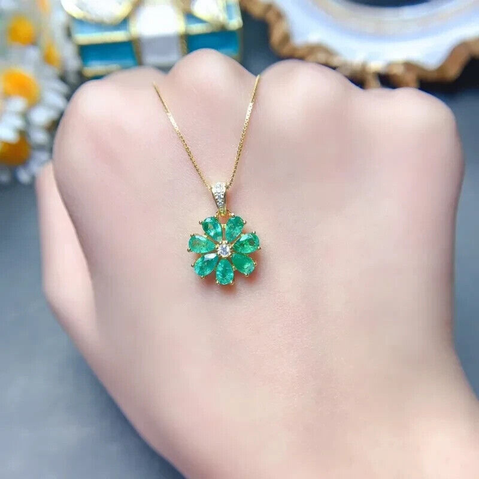 Natural Columbian Emerald Flower Pendant Necklace