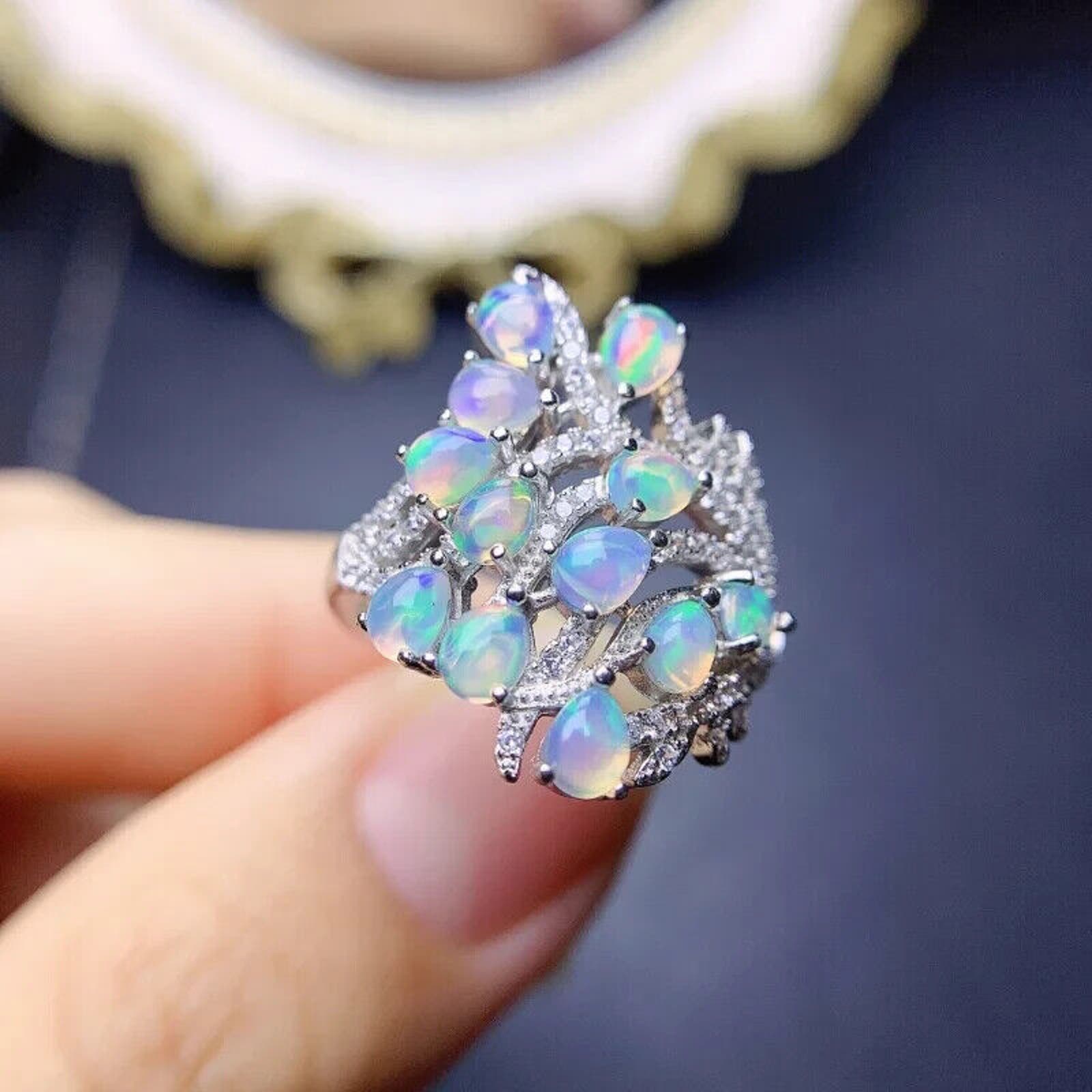 Fire Opal Cluster Statement Ring 3x4mm Pear Cut