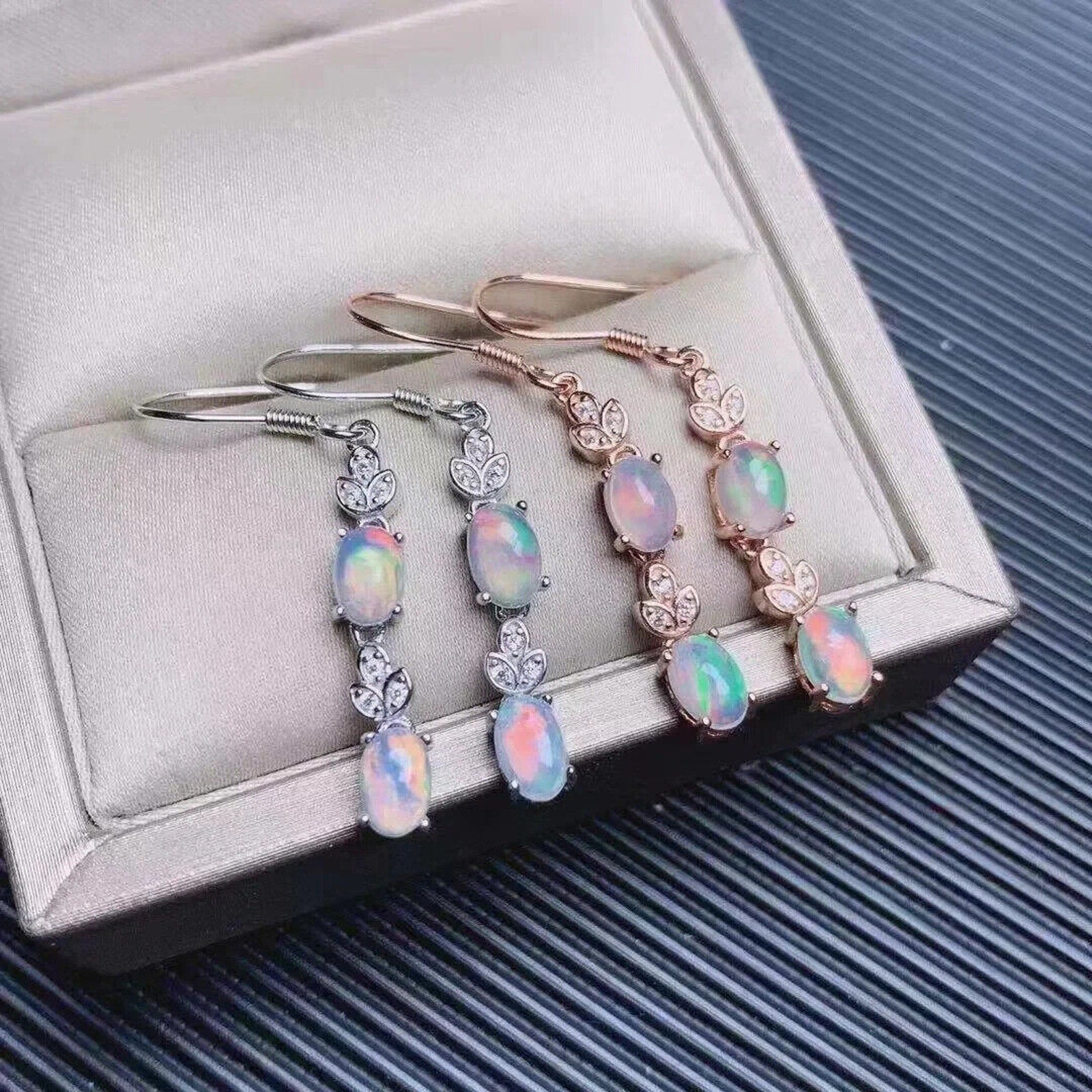 Natural Fire Opal Dangle Earrings, Colorful Fire Opal Earrings 4x6mm Sterling