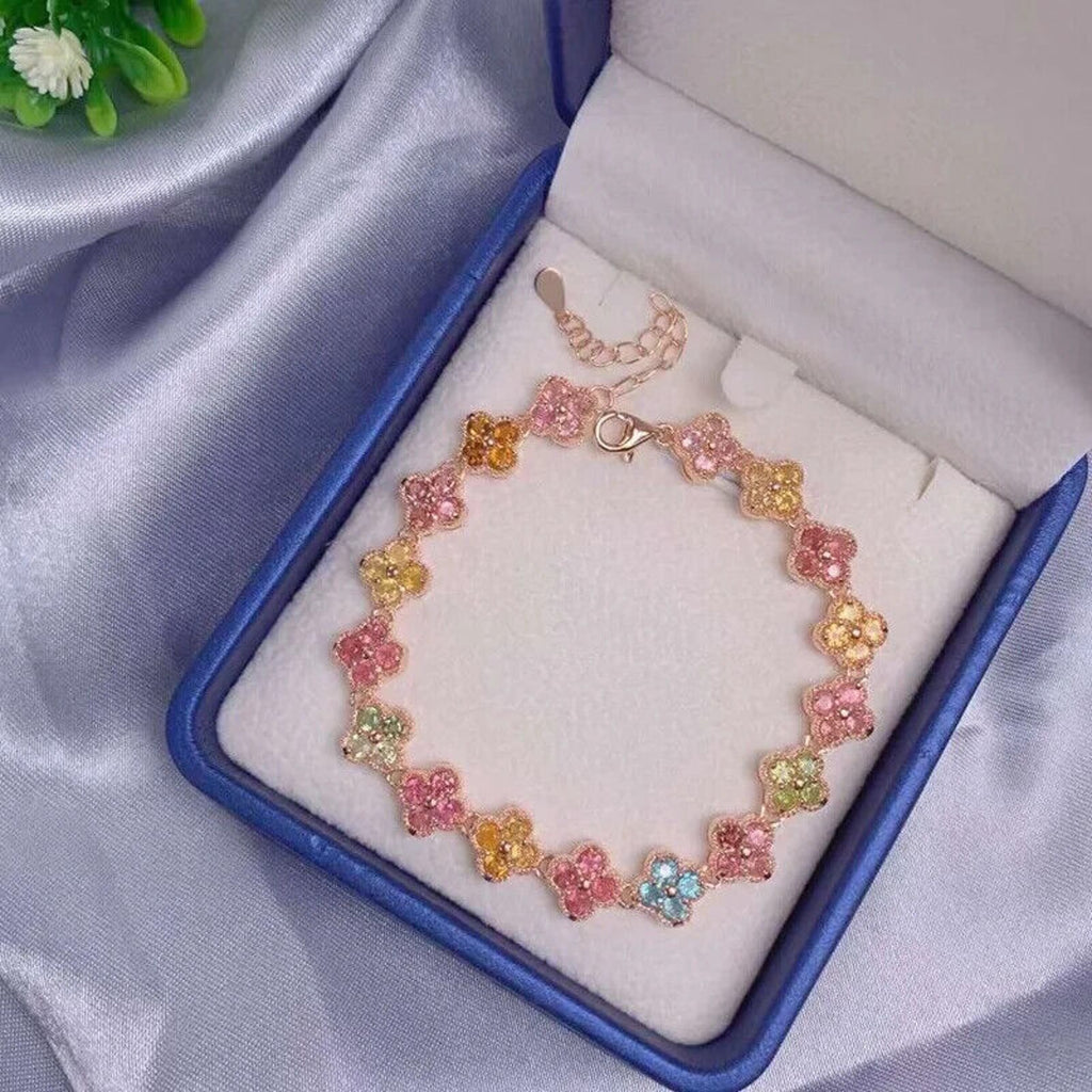 Natural Tourmaline Tennis Bracelet Rose Gold, Tourmaline Flower Bracelet