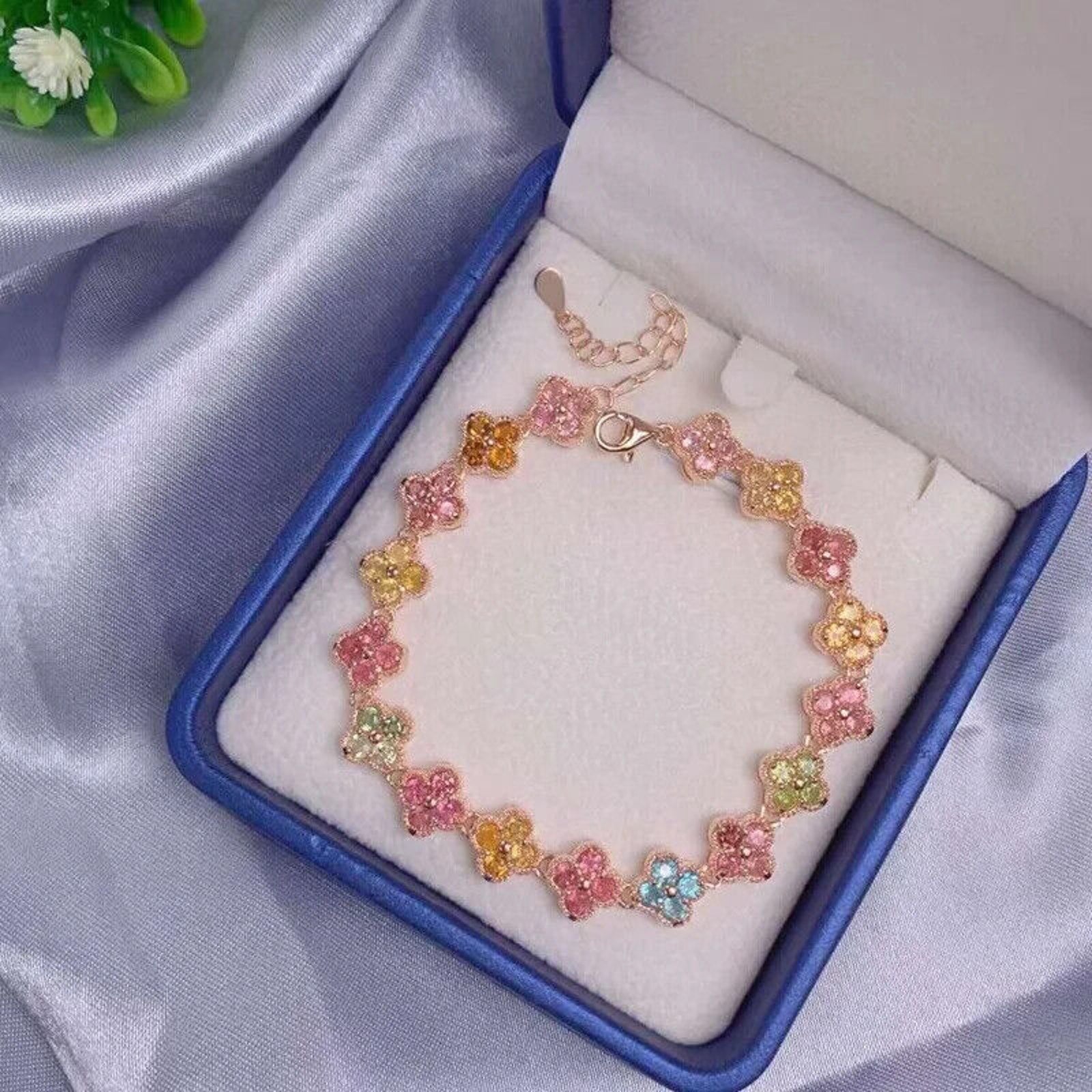 Natural Tourmaline Tennis Bracelet Rose Gold, Tourmaline Flower Bracelet