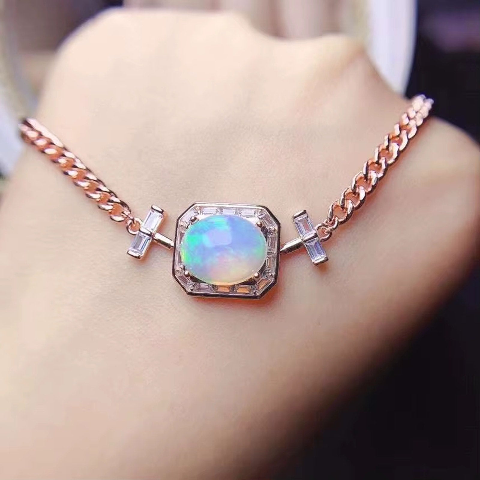 Large Fire Opal Charm Bracelet, Natural Fire Opal Bracelet 925 Sterling Silver