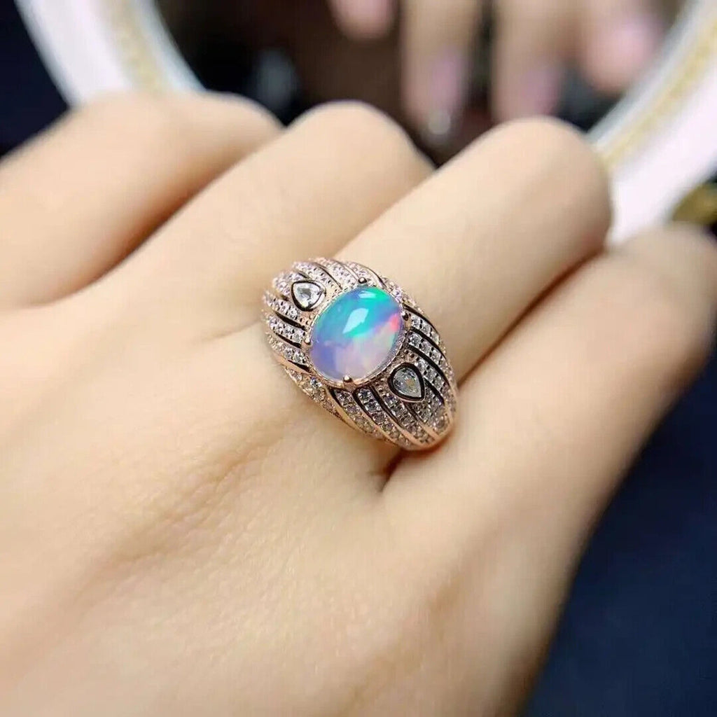Natural White Opal Cocktail Ring, Women's Wide Band Opal Ring Sterling Silver