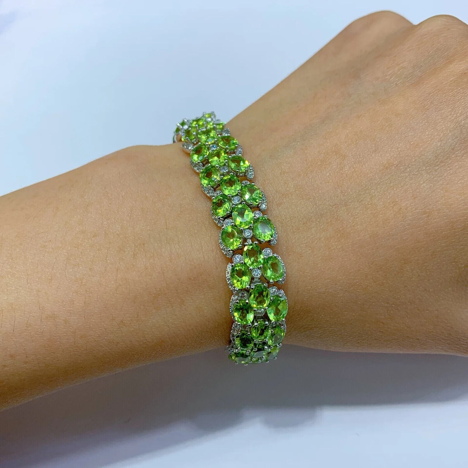Natural Peridot 3 Layer Tennis Bracelet, August Birthstone Peridot Bracelet CZ