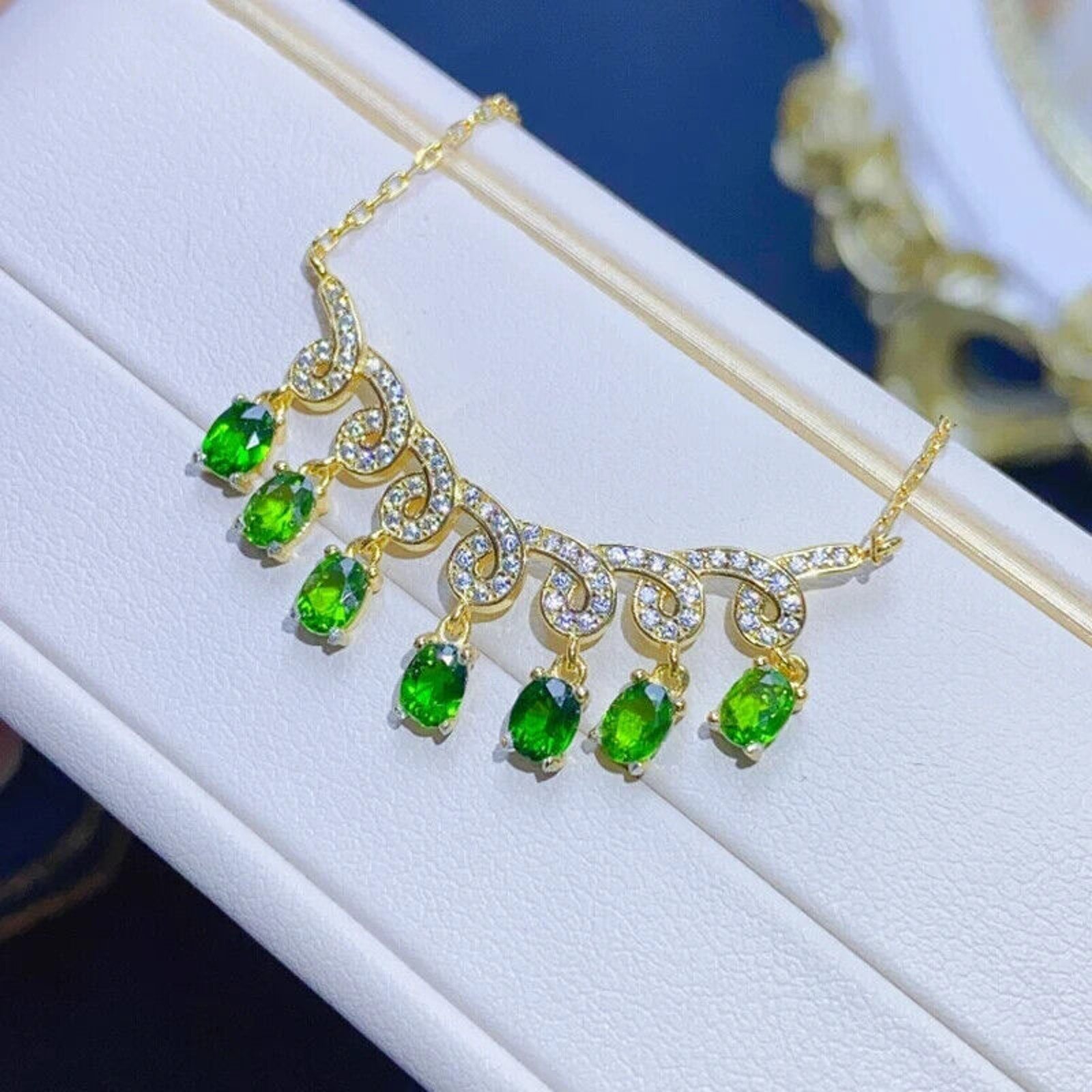 Natural Diopside Gemstone Charm Necklace, Chrome Diopside Necklace Sterling