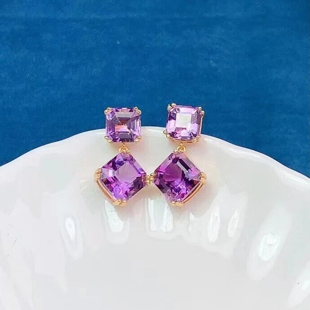 Amethyst Dangle Earrings 10mm Platinum Plated, Purple Amethyst Earrings