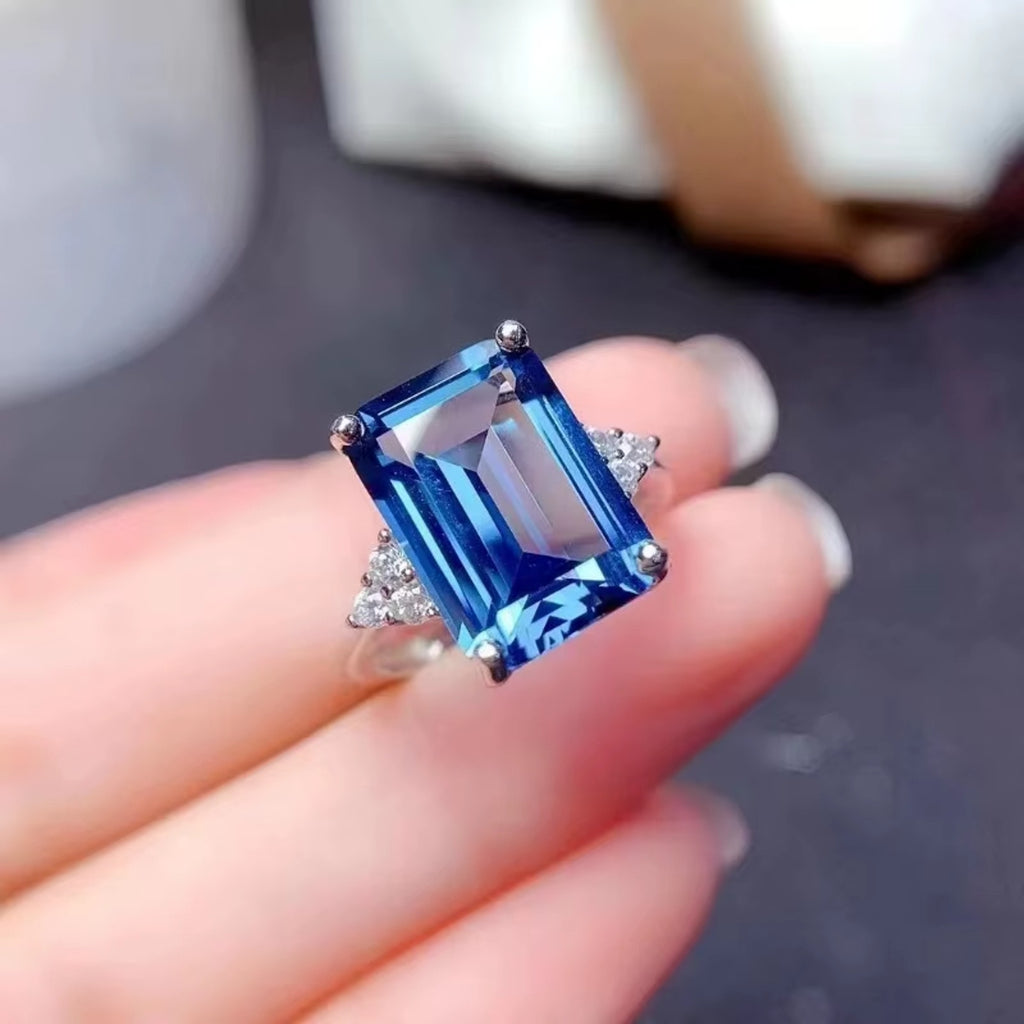 Emerald Cut London Blue Topaz Ring 925 Sterling Silver, Blue Topaz 10x14mm