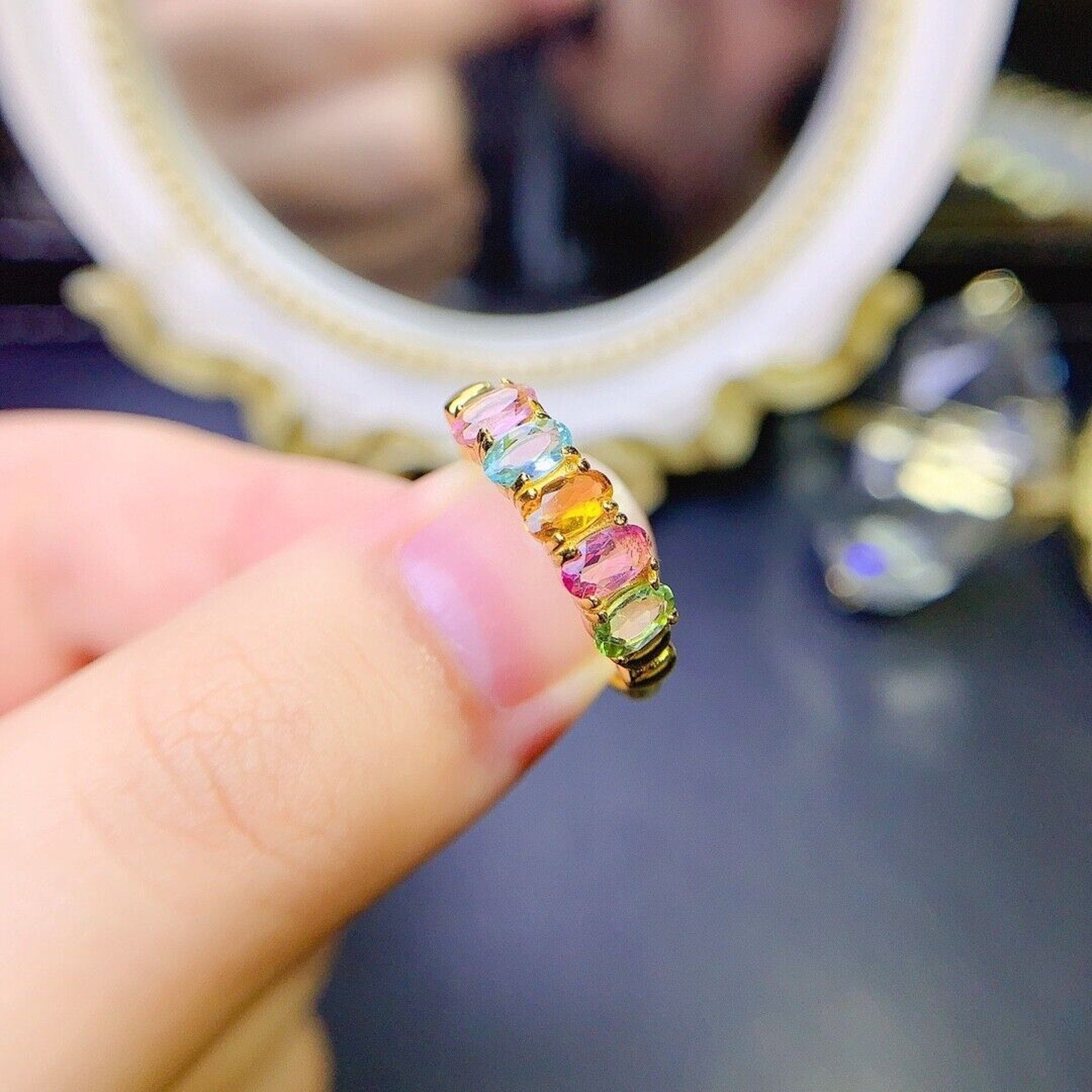 Multicolor Tourmaline Gemstone Band Ring, Natural Tourmaline Band Ring