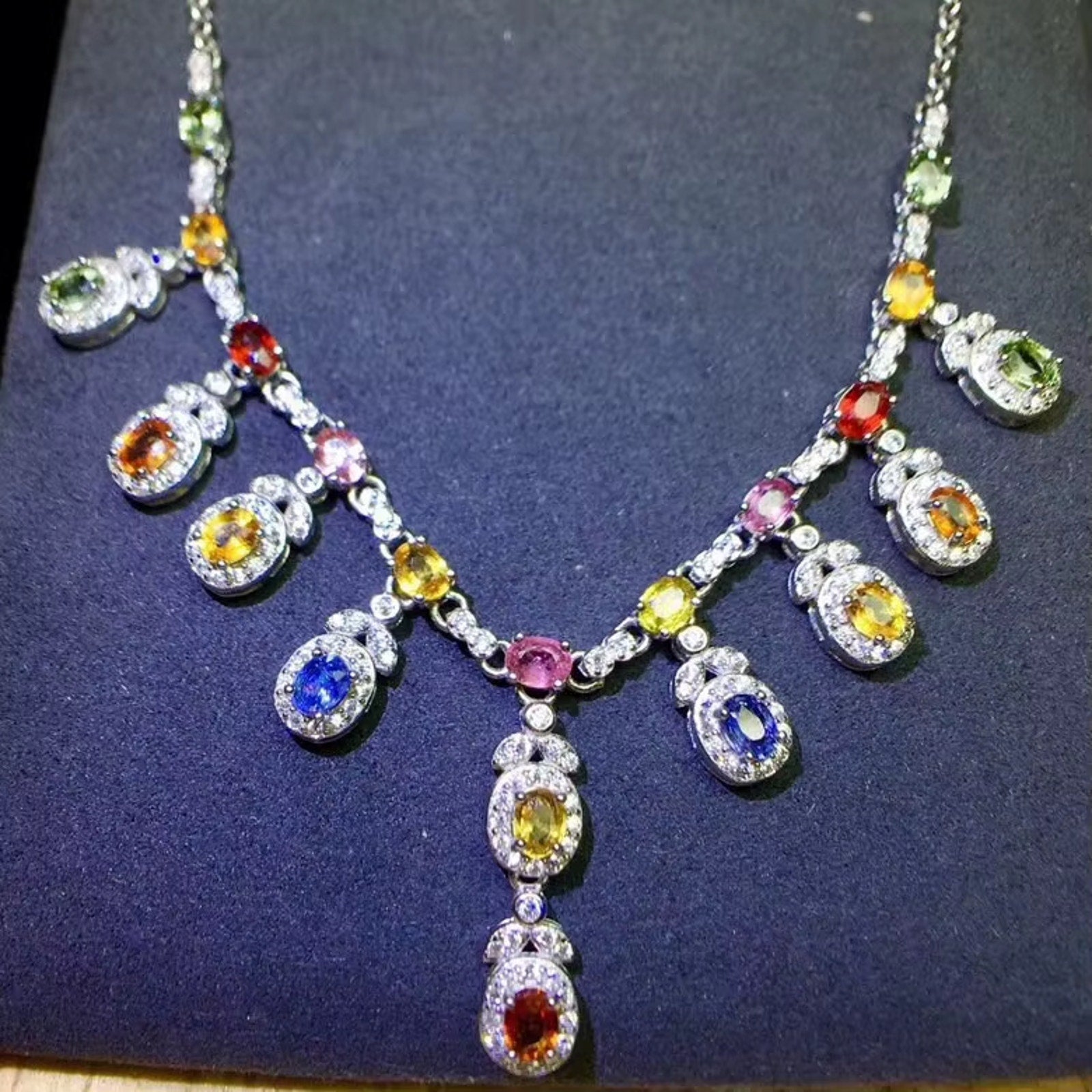 Multicolor Sapphire Gemstone Clavicle Necklace 3x4mm 925 Sterling Silver