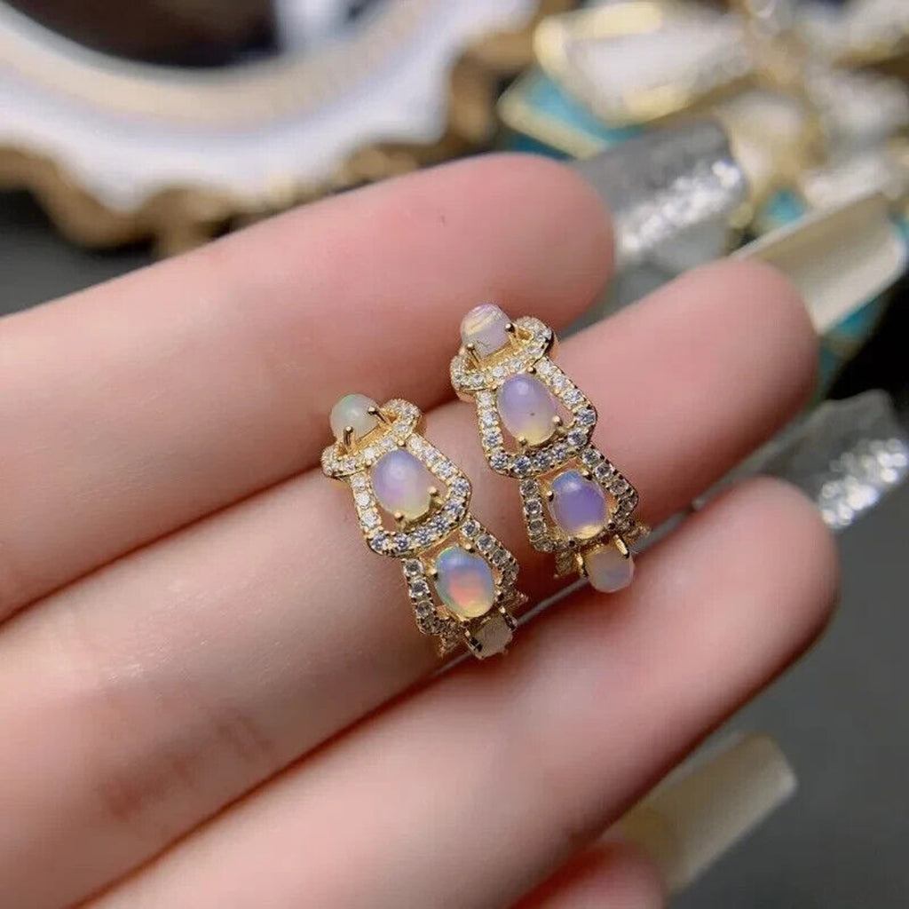 Natural Fire Opal Hoop Earrings, Australian Opal Hoop Earrings Sterling Silver