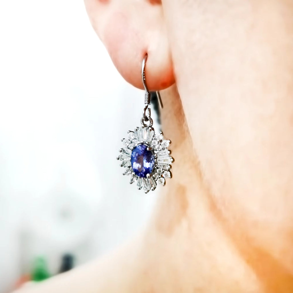 Natural Tanzanite Dangle Earrings, Purple Tanzanite Earrings Sterling Silver