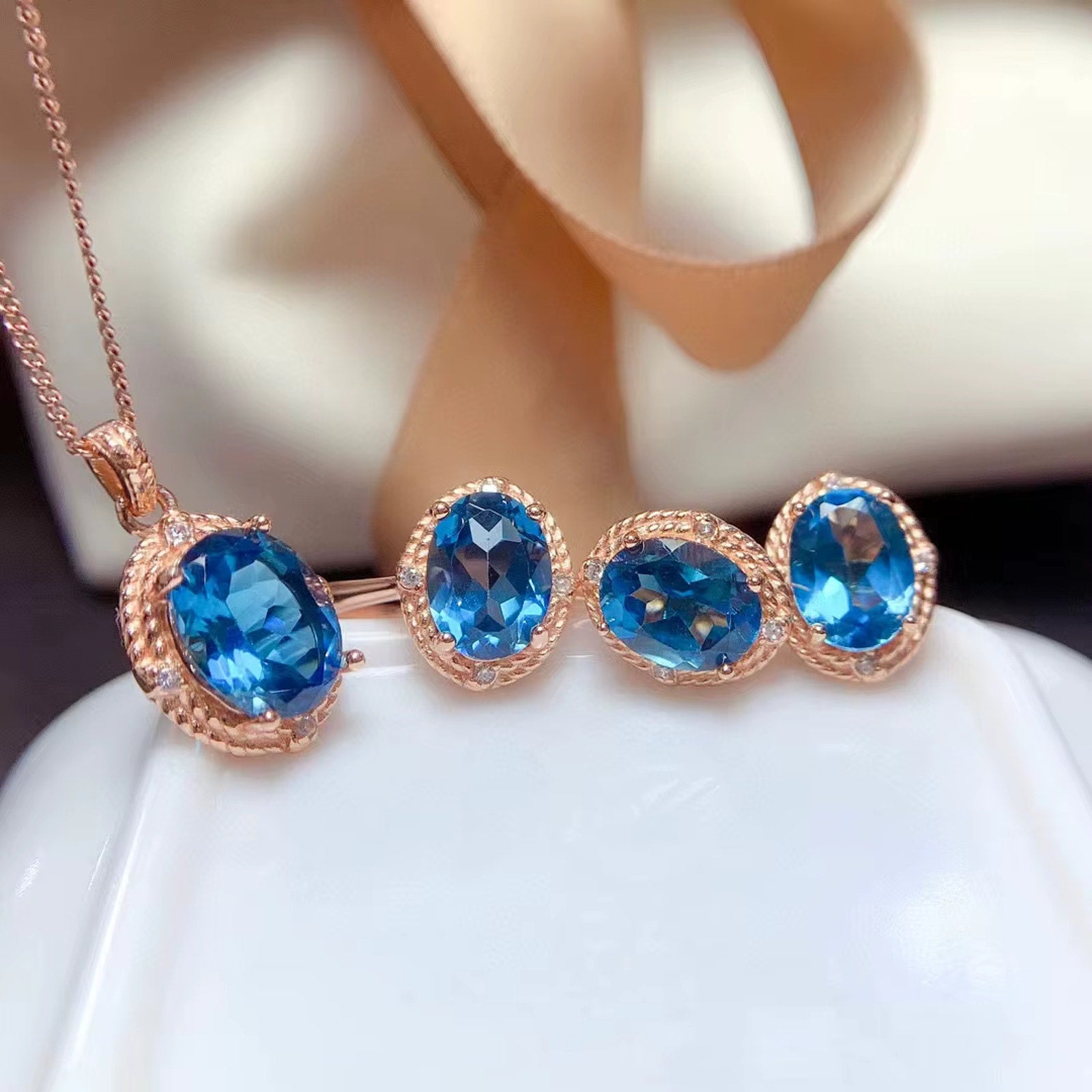 London Blue Topaz Jewelry Set 925 Sterling Silver, Natural London Blue Topaz