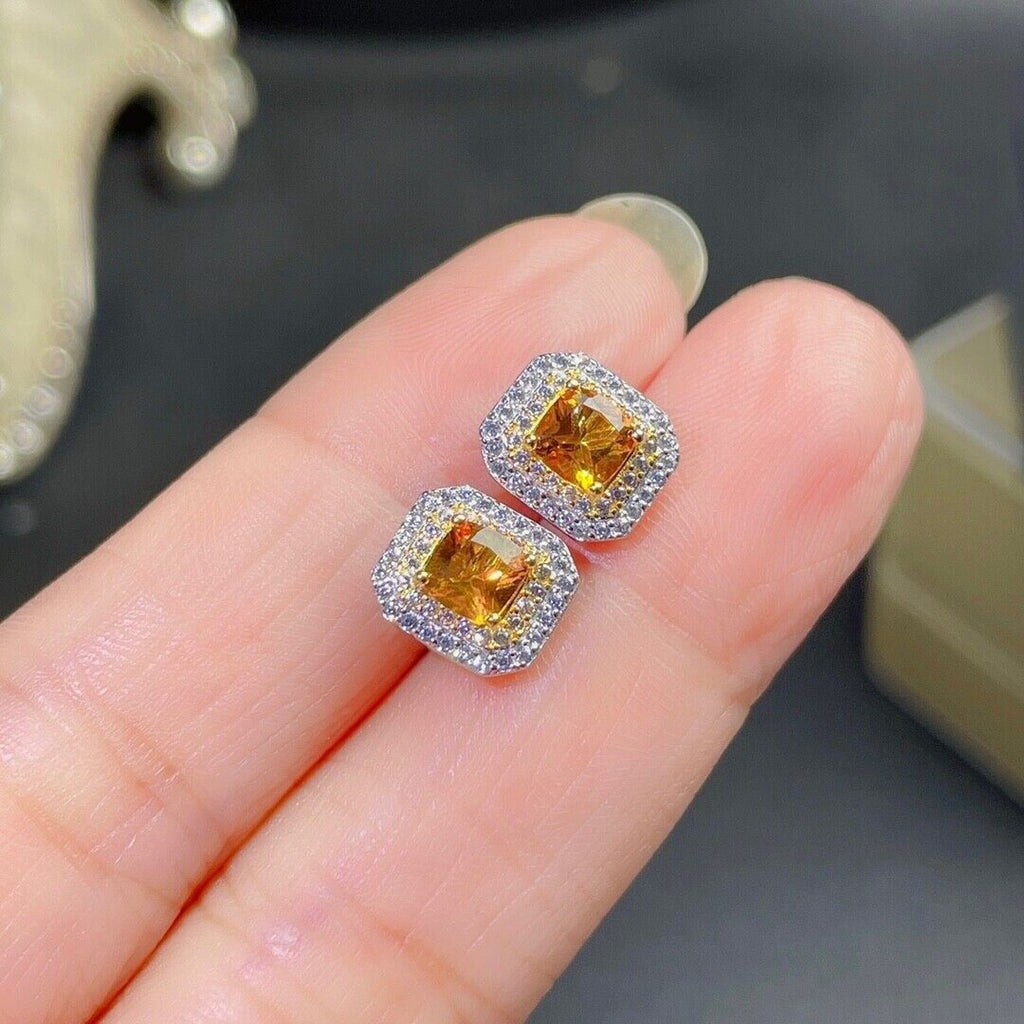 4x4mm Square Cut Natural Citrine Gemstone Earrings, Genuine Citrine Earrings