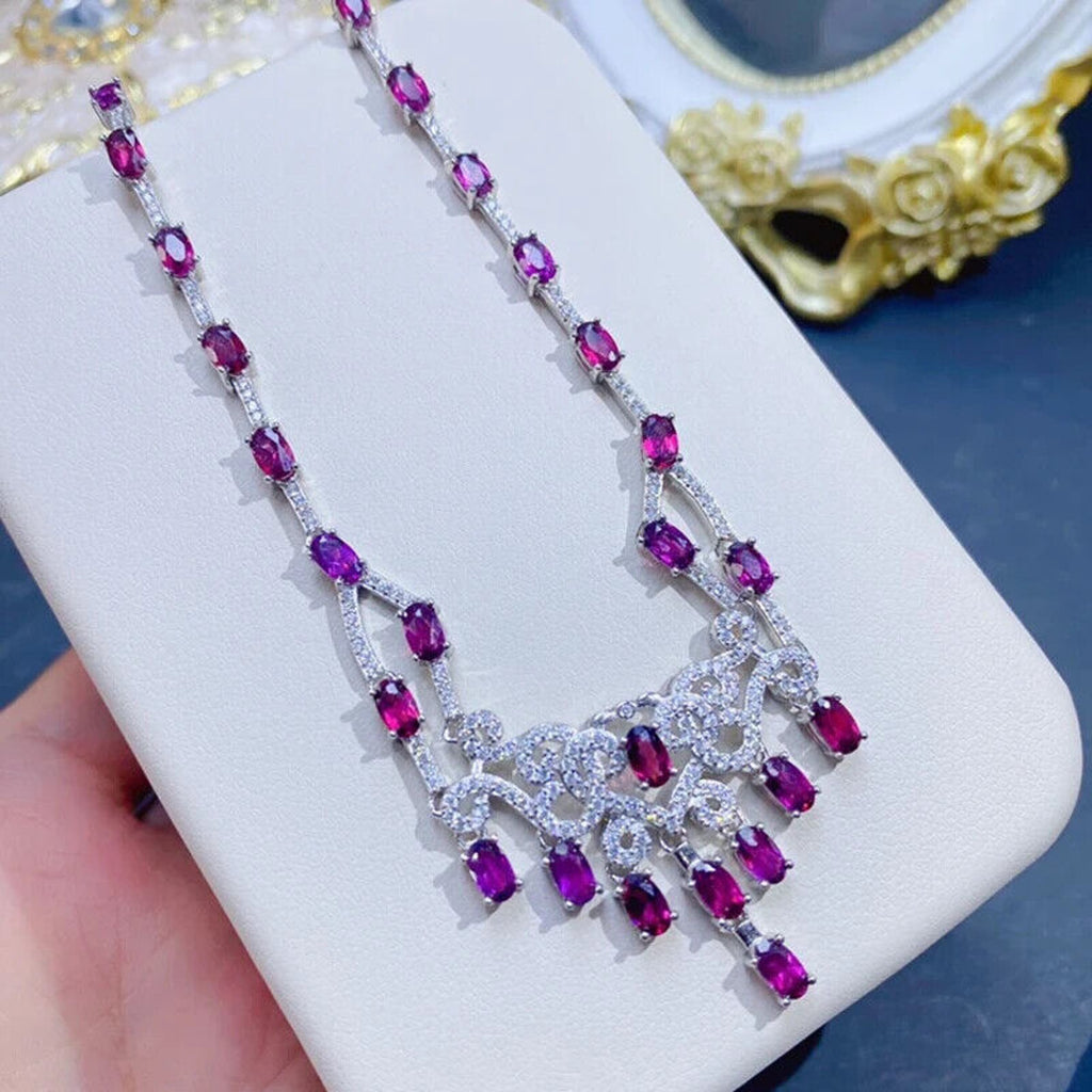 Pink Garnet Statement Necklace, Natural Garnet Gemstone Necklace 925 Sterling