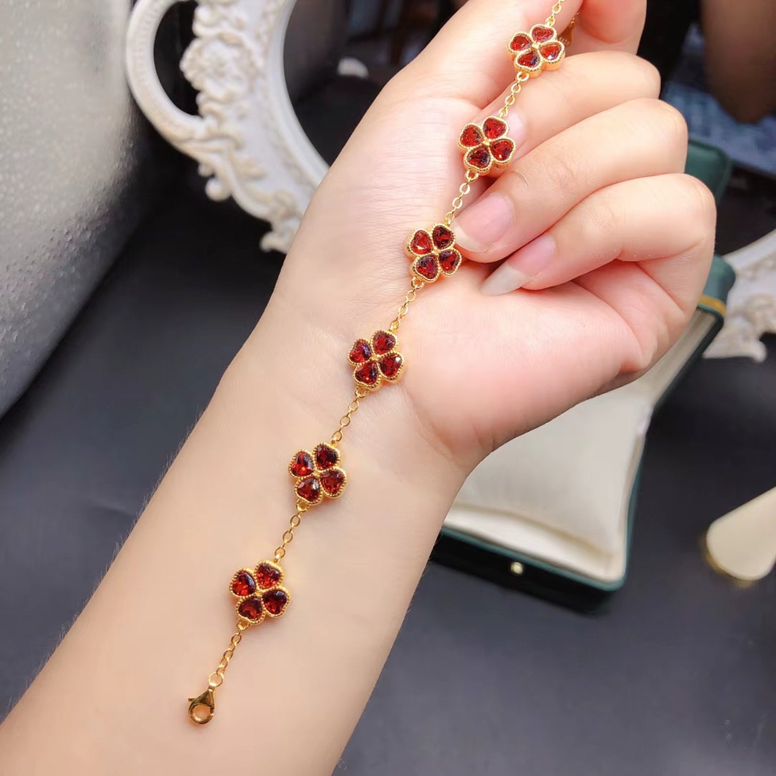 Red Garnet Clover Bracelet, Natural Garnet Gemstone Bracelet 4mm 925 Sterling
