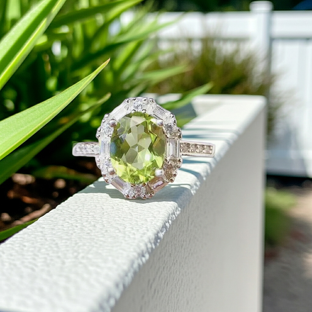 Natural Peridot Gemstone Ring 7x9mm 2CT, August Birthstone Peridot Ring
