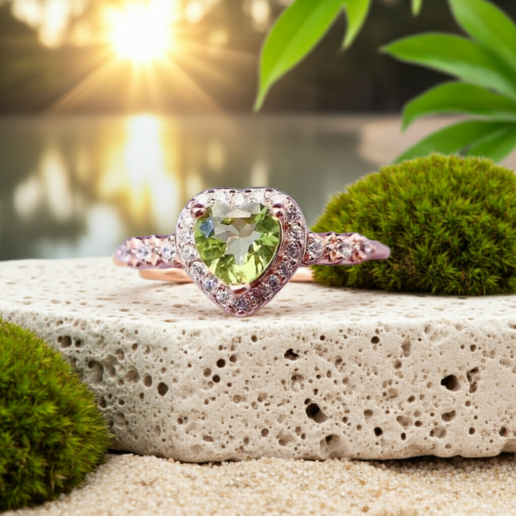 Natural Peridot Gemstone Heart Ring 6mm, August Birthstone Peridot Ring
