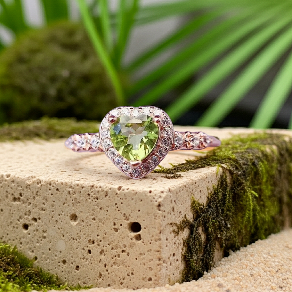 Natural Peridot Gemstone Heart Ring 6mm, August Birthstone Peridot Ring
