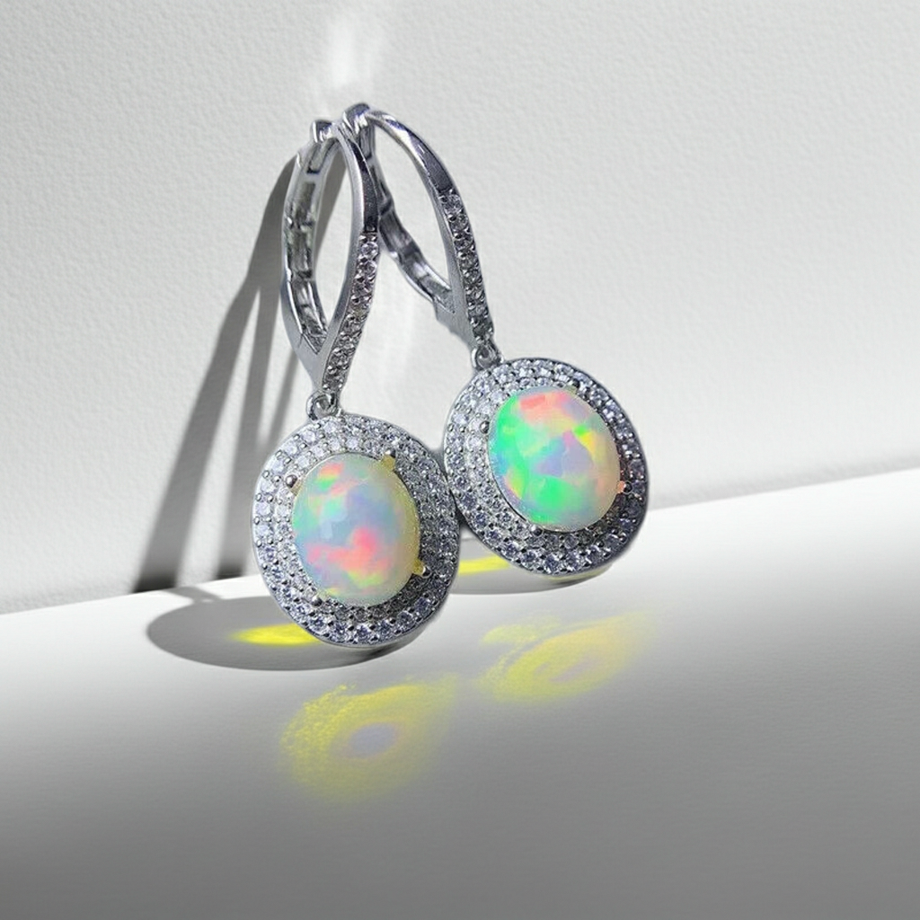 Large Fire Opal Dangle Earrings 8x10mm 925 Sterling Silver