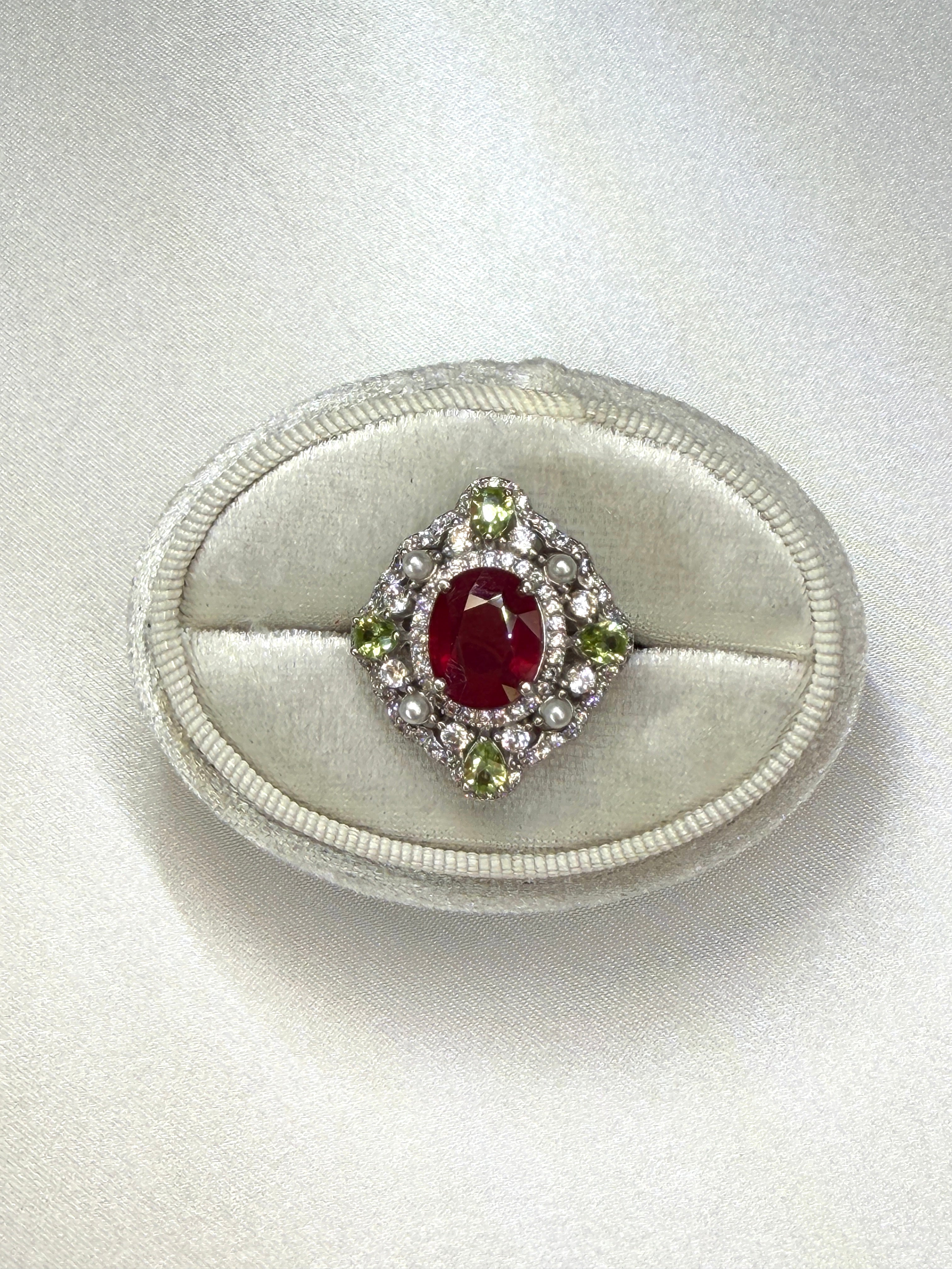 Natural Burma Ruby and Peridot Gemstone Statement Ring
