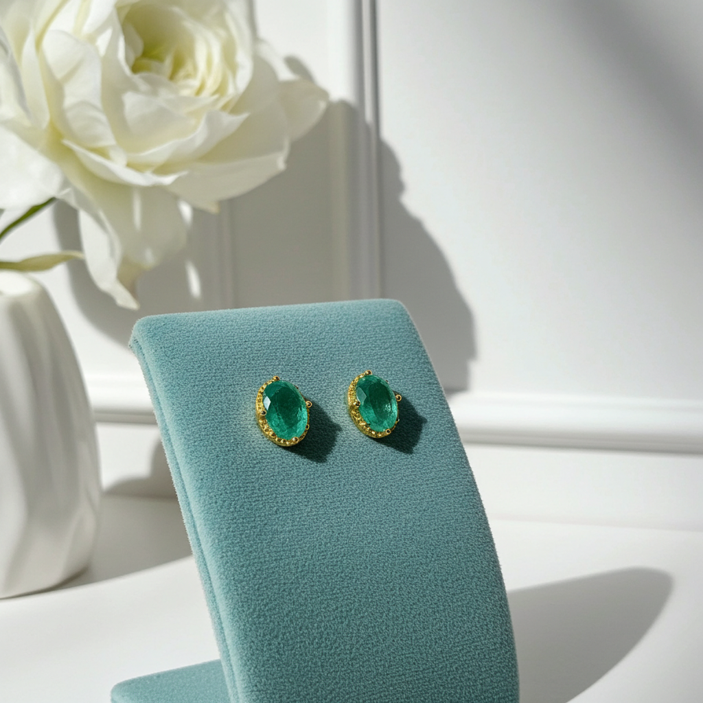 Bright Green Emerald Stud Earrings 5x7mm 14k Gold Plated