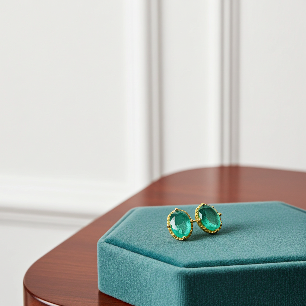Bright Green Emerald Stud Earrings 5x7mm 14k Gold Plated