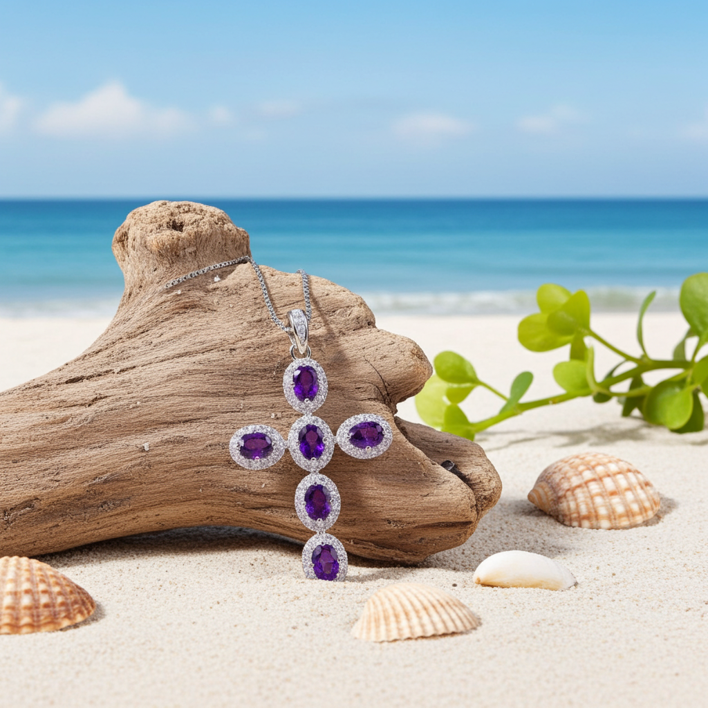Purple Amethyst Cross Necklace 925 Sterling Silver