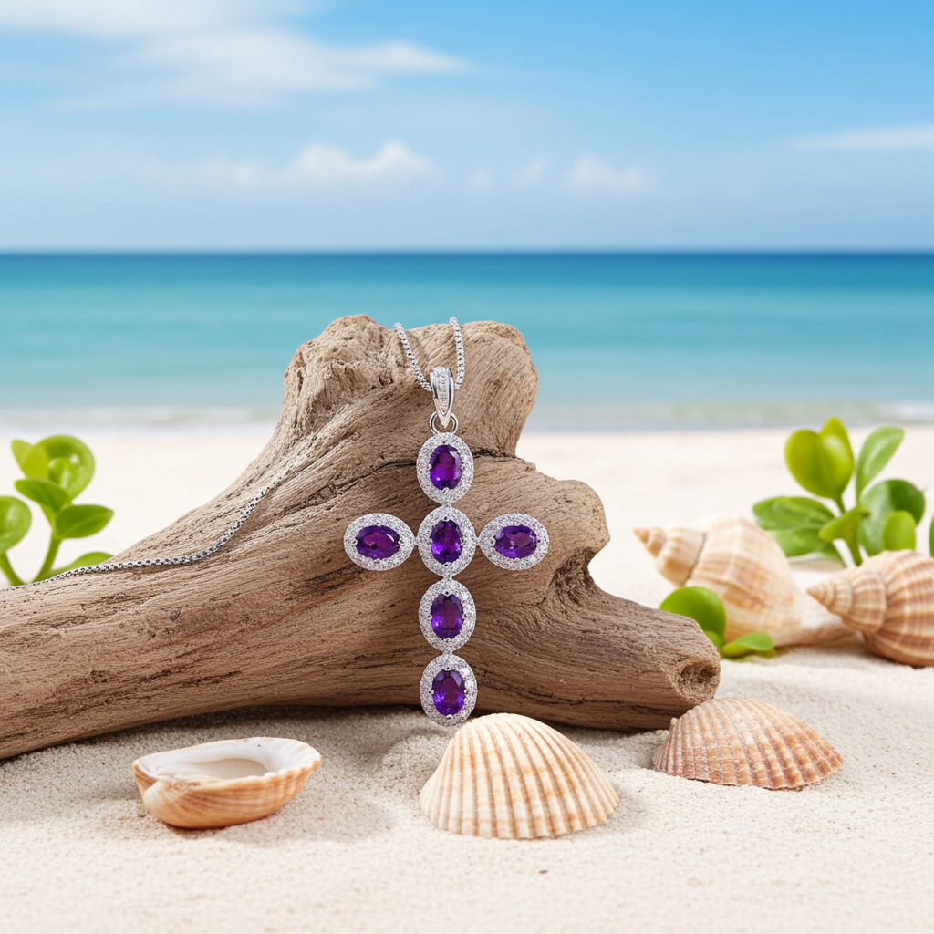 Purple Amethyst Cross Necklace 925 Sterling Silver